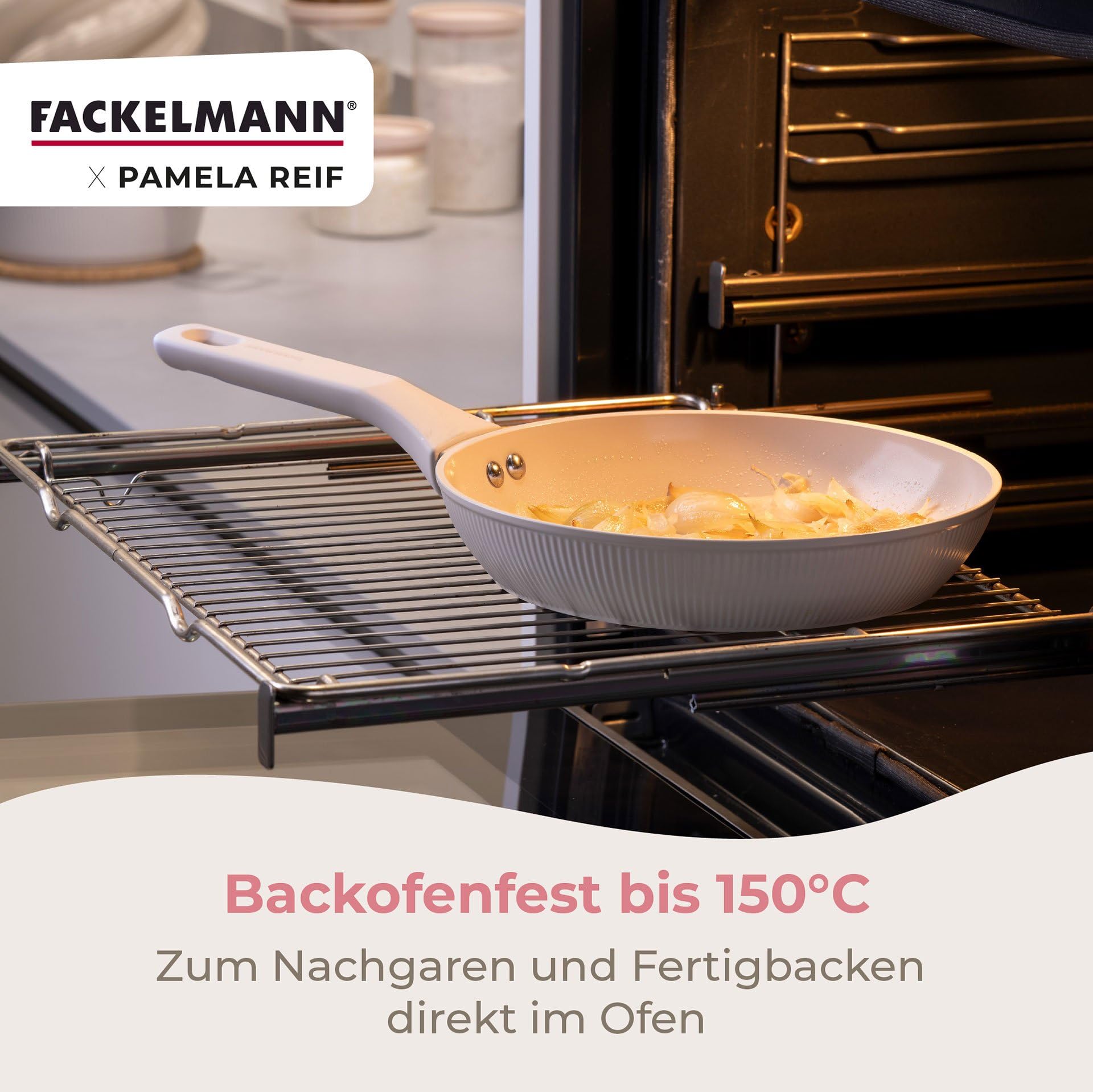 FACKELMANN x Pamela Reif Bratpfannen-Set 3-tlg Ø 20/24/28 cm – recyceltes Aluminium, Pastell-Beige, PFAS-freie Keramikbeschichtung, modernes Rillen-Design, für alle Herdarten