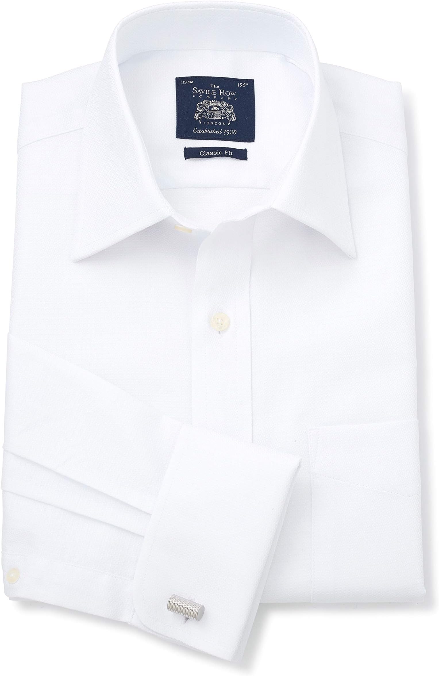 THE SAVILE ROW COMPANY LONDON Men's Classic Fit Textured Cotton Long Sleeve Formal Shirt - Double Cuff