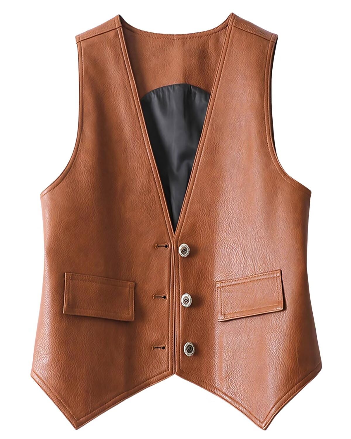 Womens Faux Leather Suit Vest V Neck Vintage Western Vest Casual Waistcoat