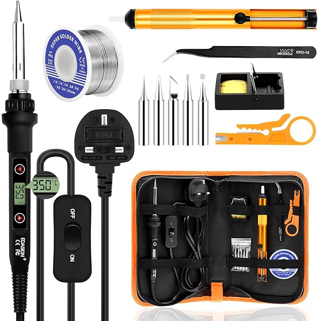 Soldering Iron Kit 80W LCD Adjustable Temperature 180-520°C Welding Tools ON/Off Switch, Solder Wire, 5 Soldering Tips, Desoldering Pump, Wire Stripper Cutter, Stand, Tweezers,Tool Case