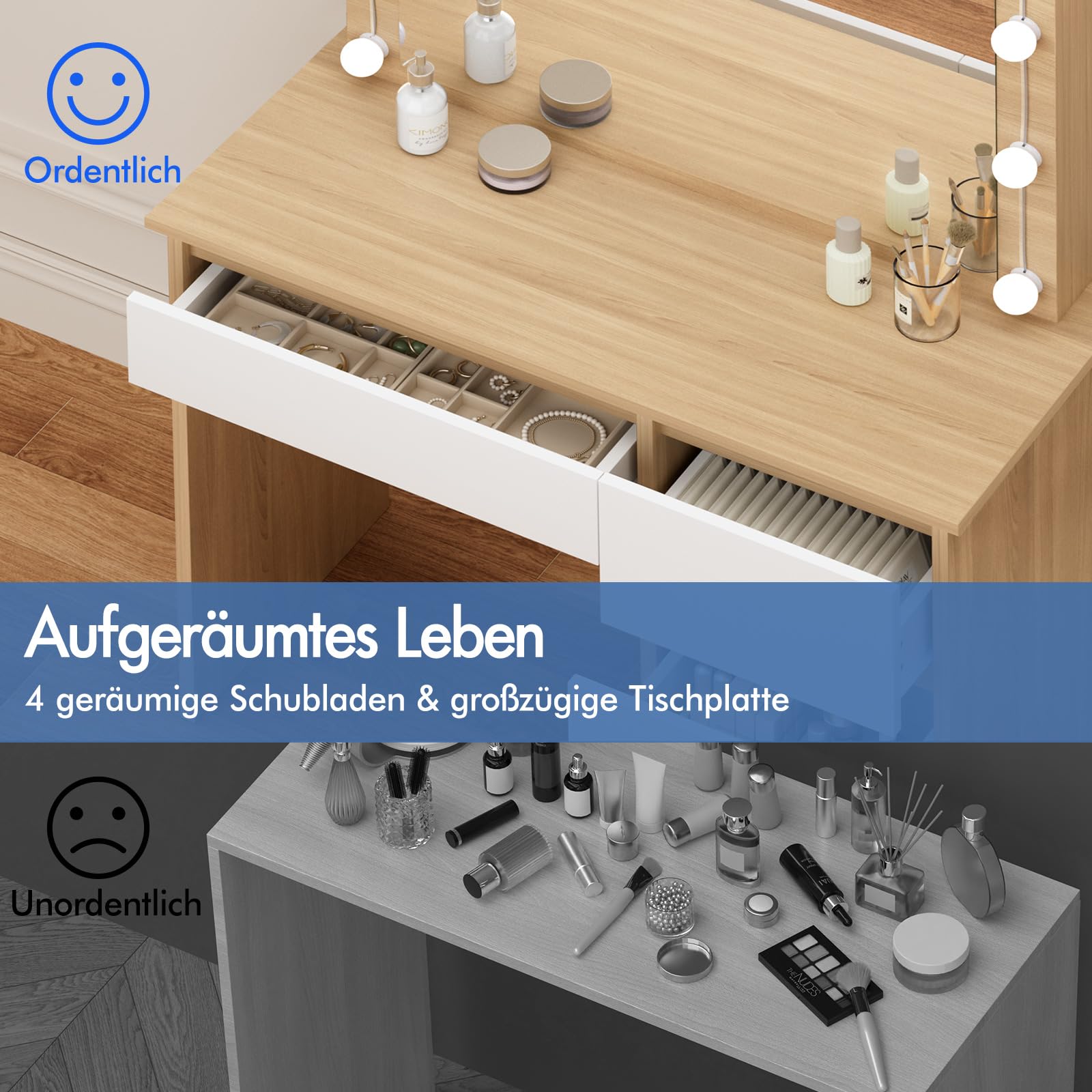 ALFORDSON Schminktisch Spiegel, Makeup Vanity 4 Schubladen und Aufbewahrungshocker, 90 cm Lange Schreibtischplatte, verstellbare LED-Leuchten, Schlafzimmer-Frisiertisch Frauen Mädchen,Holzfarbe