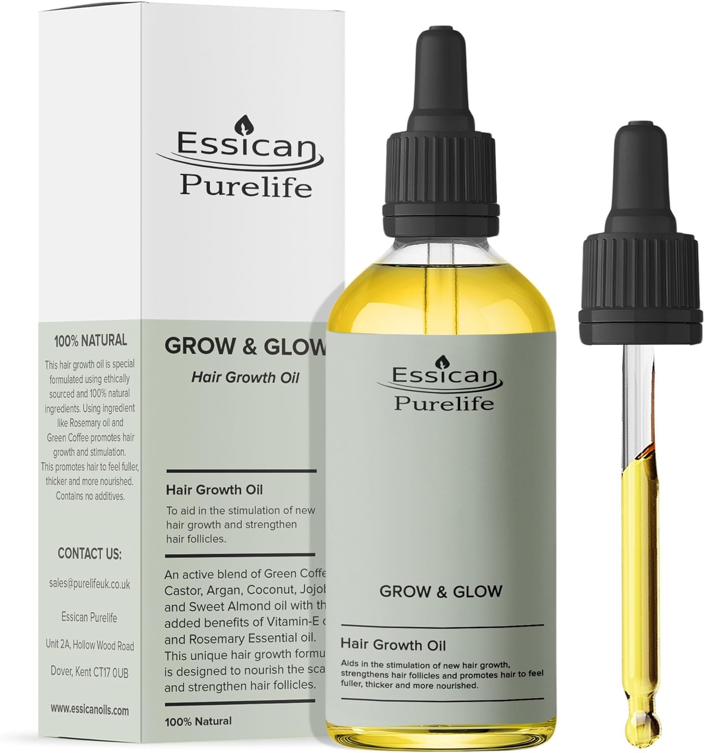 Essican Purelife Huile de Croissance Capillaire avec Biotine 100ml, Huile Végétalienne pour la Croissance des Cheveux de Romarin, Ricin, Argan, Café et Vitamine E, Pour Cheveux Plus Épais