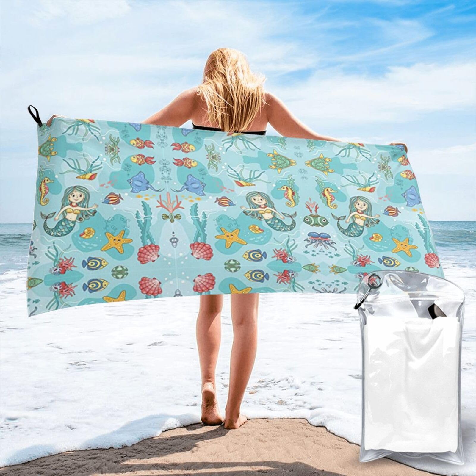 FHIZOAL Mermaid Tropical Jellyfish Goldfish Cheering Seahorse Quick Dry Towel Microfibre Towel Super Absorbent Ultra Compact Gym Sports Beach Camping Travel