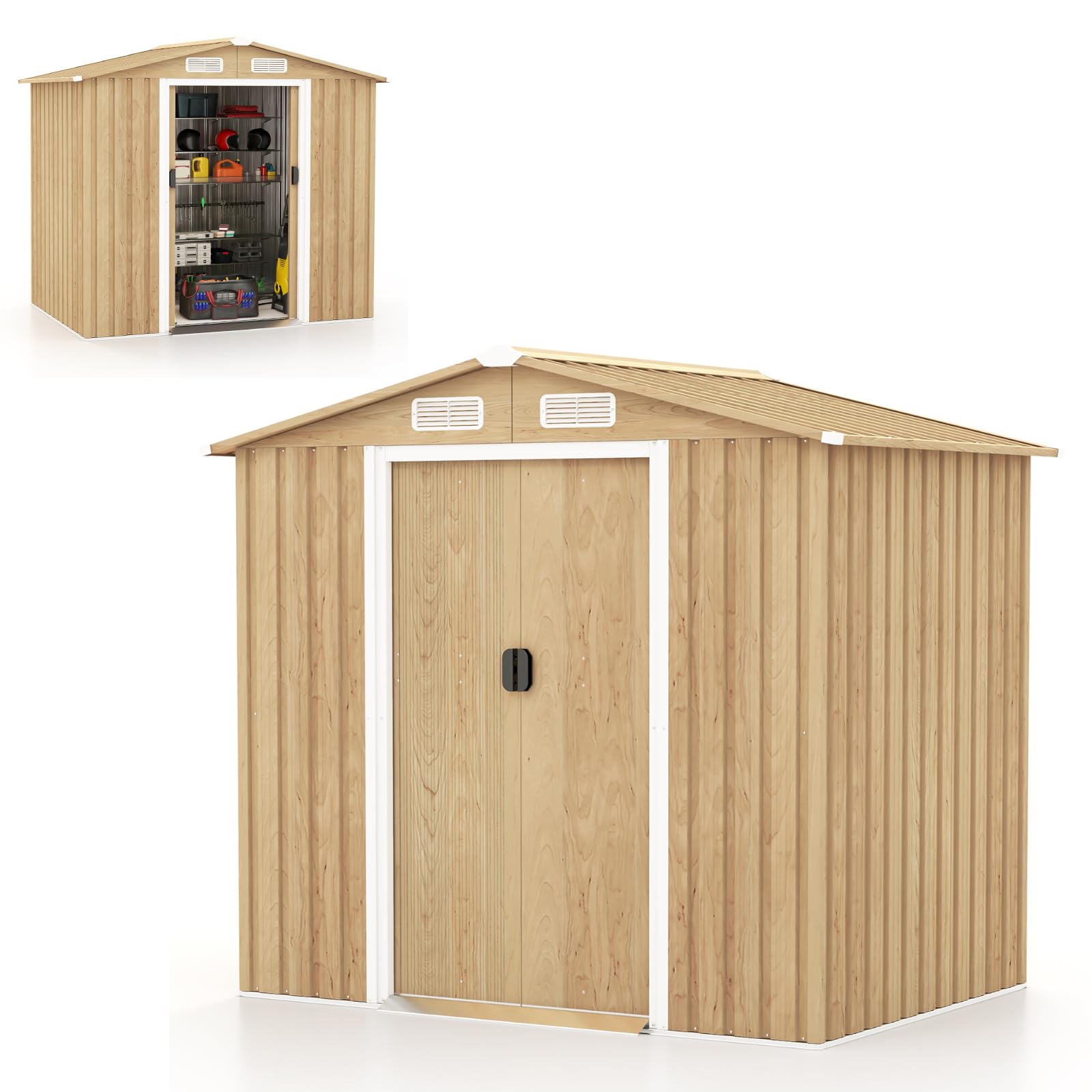 COSTWAY Casetta da Esterno 2,34㎡ Capanno Porta Attrezzi Lamiera Acciaio Zincata 196 x 142 x 186 cm