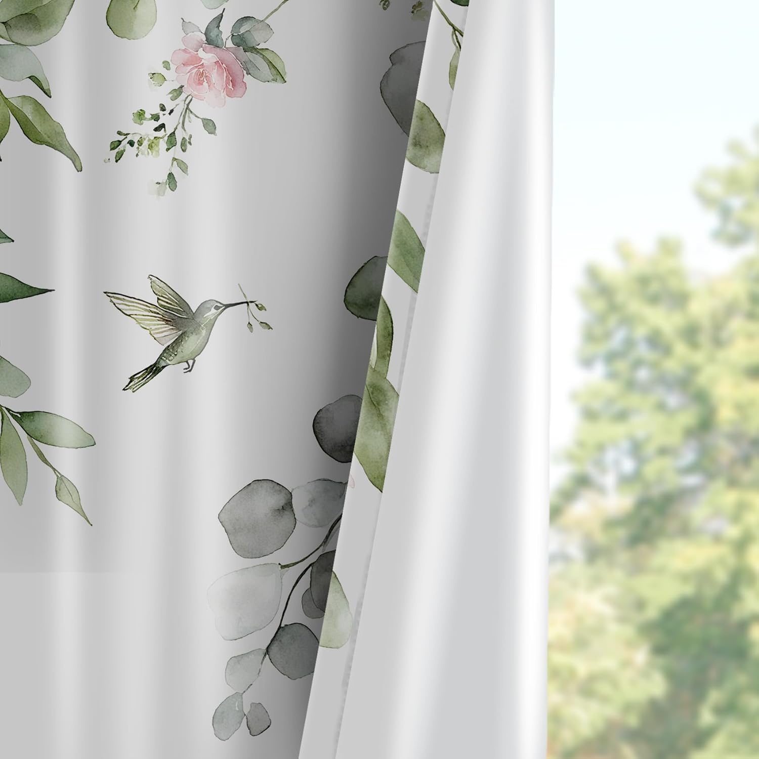 Pink Floral Blackout Curtains for Bedroom, Green Leaf and Pink Flower Butterfly Bird on White Window Curtain Nature Plant Botanical Drapes for Living Room Decor, 42W X 63L inches