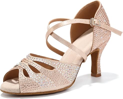 Zapatos de Baile Latino Mujer con Diamantes Puntera Abierta Salsa Sango Zapatos de Baile de Salon Tacon de 7,5 cm