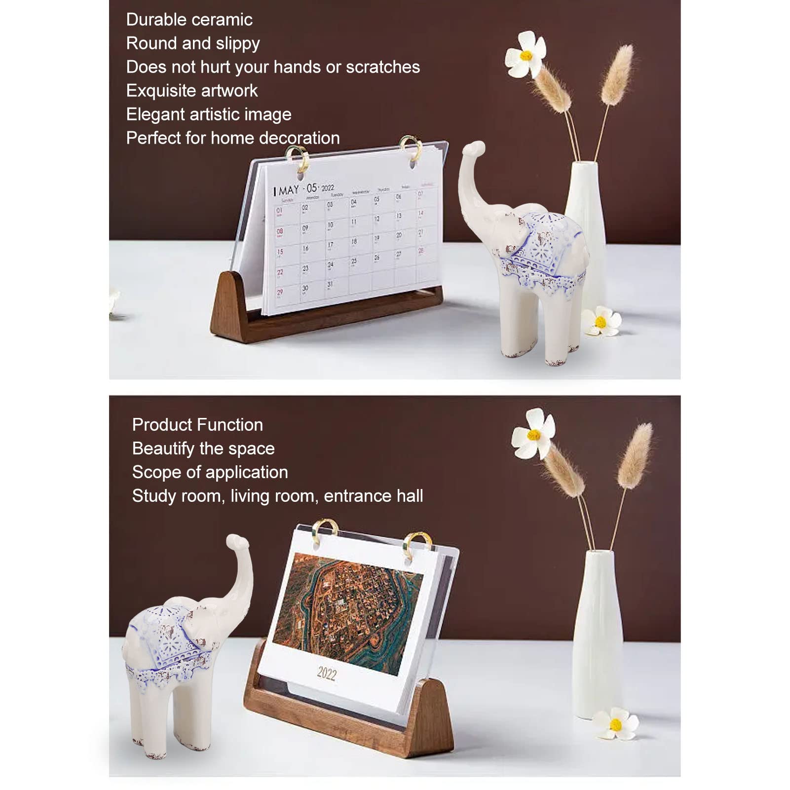 Decorazione in Ceramica con Elefante, Scultura in Ceramica Moderna Rotonda E Scivolosa, Figurine di Animali, Ornamenti per Soggiorno, Libreria per Ufficio(Large)