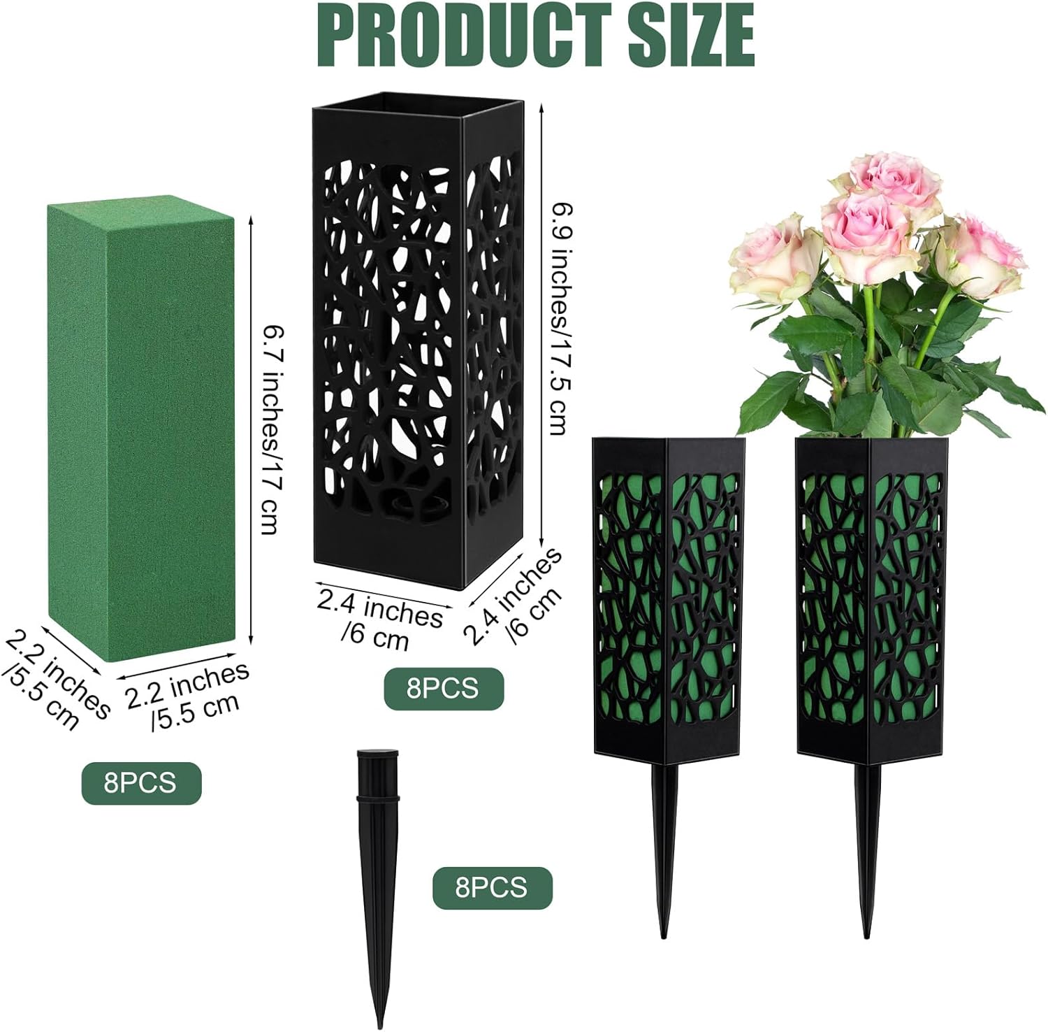 Hahood 8 Packs Cemetery Vases with Spikes and Foam Plastic Grave Vase Outdoor In Ground Cemetery Grave Flower Holders Memorial Gravestone Headstone Flower Vase for Cemetery Grave Decoration