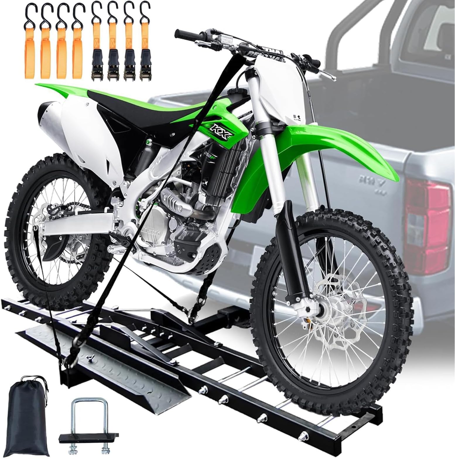 Motorcycle Hitch Carrier 500LBS, Heavy Duty Dirt Bike Hitch Hauler, Dirt Carrier Hitch Rack Hauler Trailer with 120CM Longer Ramp, Ramp Lock, Tie-Down Strap and Hitch Tightener