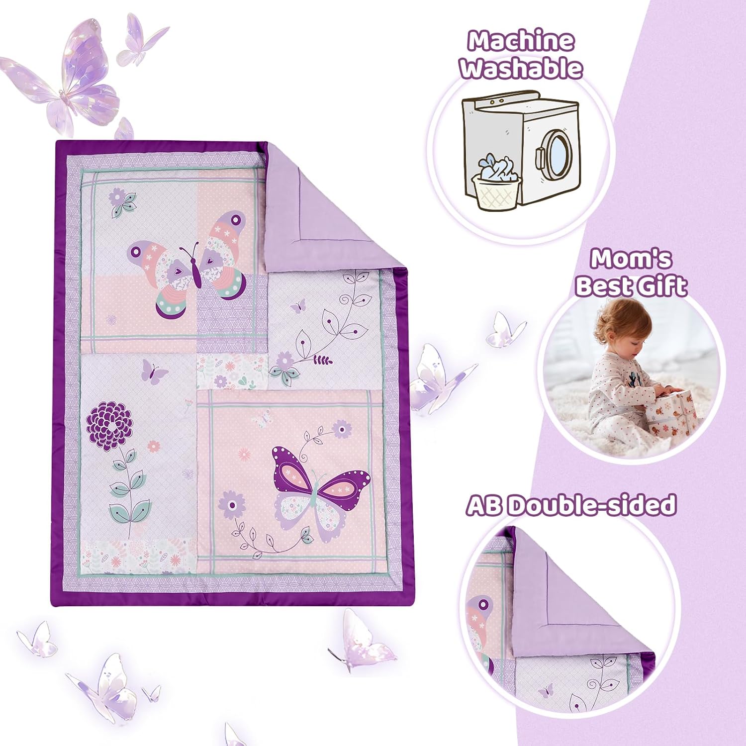 Wowelife Crib Bedding Set for Girls, 3 Pieces Floral Butterfly Baby Girl Bedding Set, Include Crib Comforter Fitted Sheet and Crib Skirt, Standard Size Nursery Crib Set for Girls, Purple