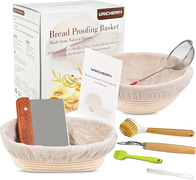 Cesto para Pão UNICHERRY - Cestas Fermentação 23cm Redonda e 25cm Oval + 6 Ferramentas