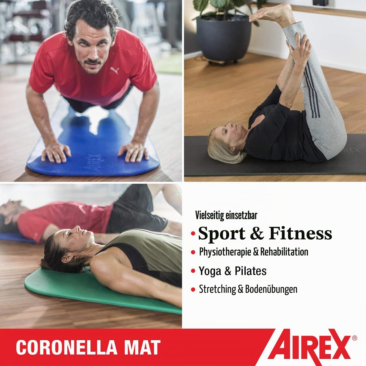 AIREX Offizielle Coronella Trainingsmatte – Heimtraining für Rehabilitation, Krafttraining, Aerobic, Wasser-Fitness, Training, Bodenübungen mit Premium-Schaumstoff, 200 x 58 cm, Rot (30.1135RT)