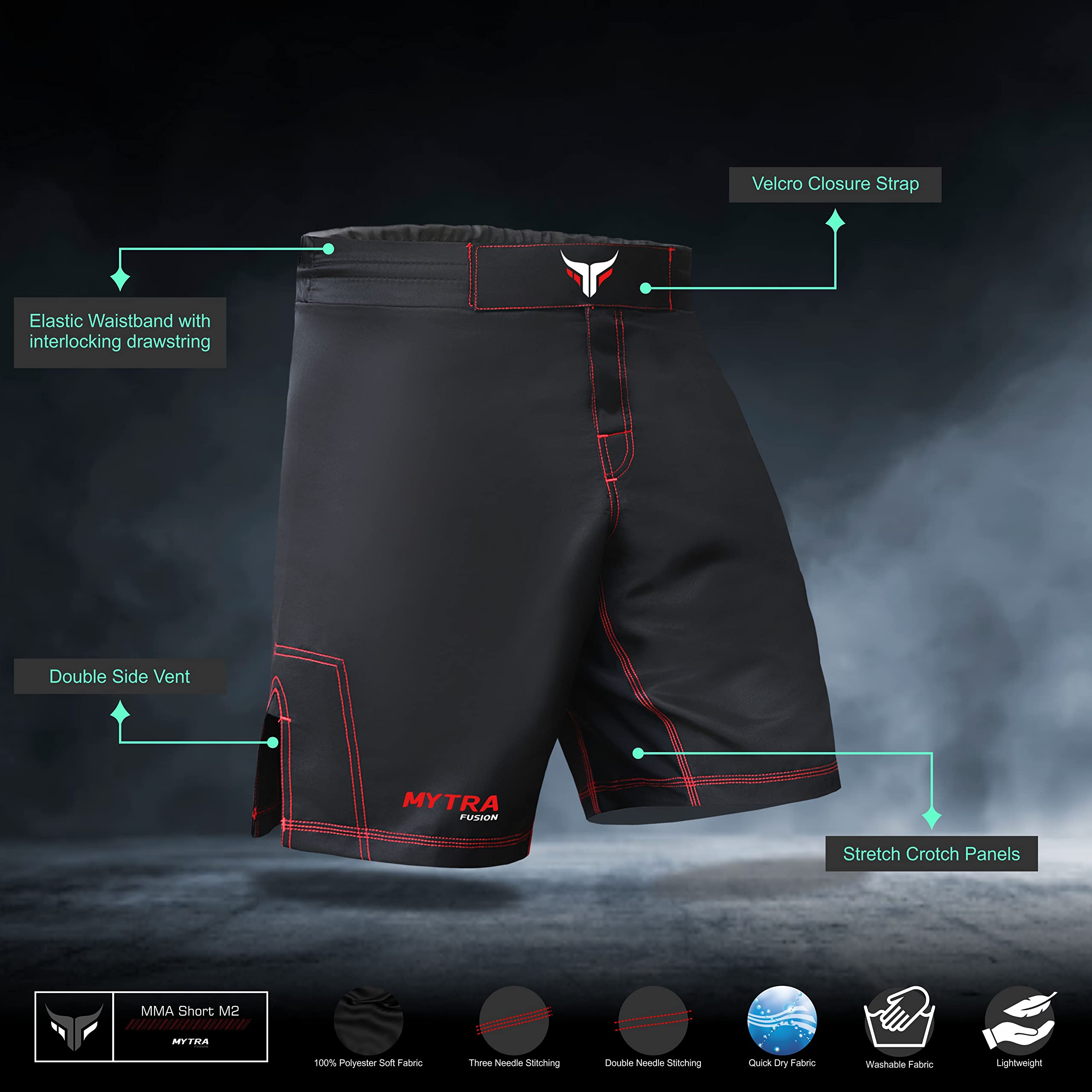 Mytra Fusion MMA Shorts MMA Boxing Kickboxing Muay Thai Mix Martial Arts Cage Fighting Grappling Training Gym wear Clothing Shorts Trunks Black,M - Image 2