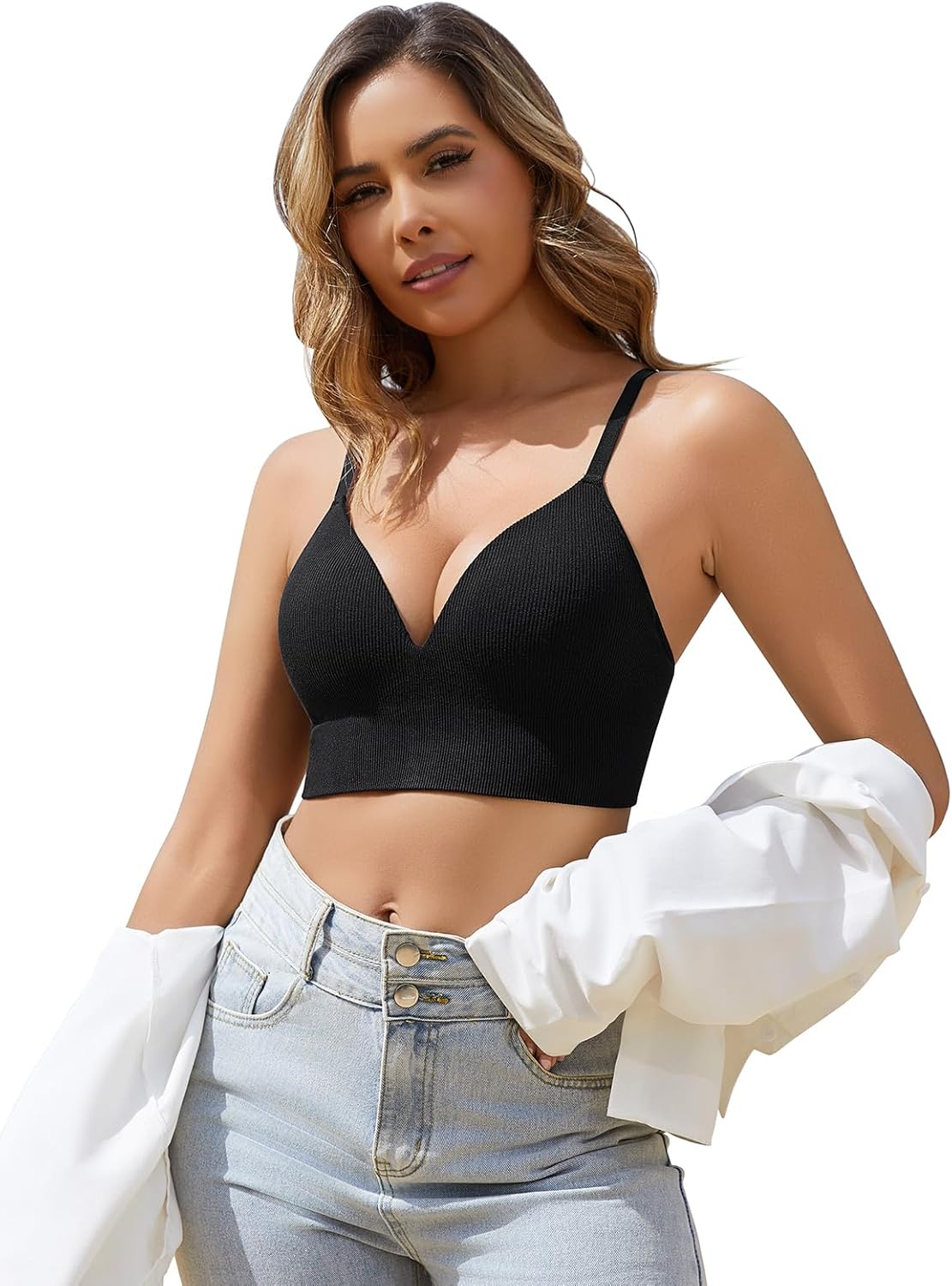 Kniffi Womens V Neck Wireless Bra Ribbed Seamless Bralette Padded Everyday Bras - Image 3