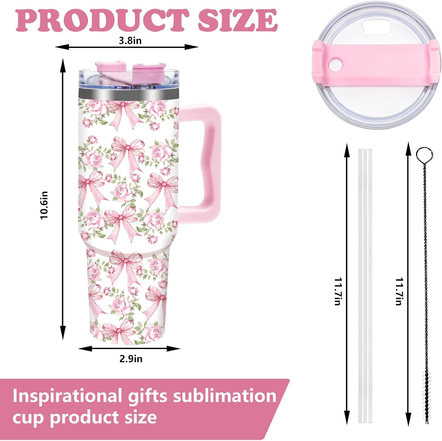 40Oz Bow Floral Tumbler with Straw & Lid Pink Bowknot Flower Travel Coffee Tumbler Cup with Handle for Spring Party Favor Supplies - Image 2