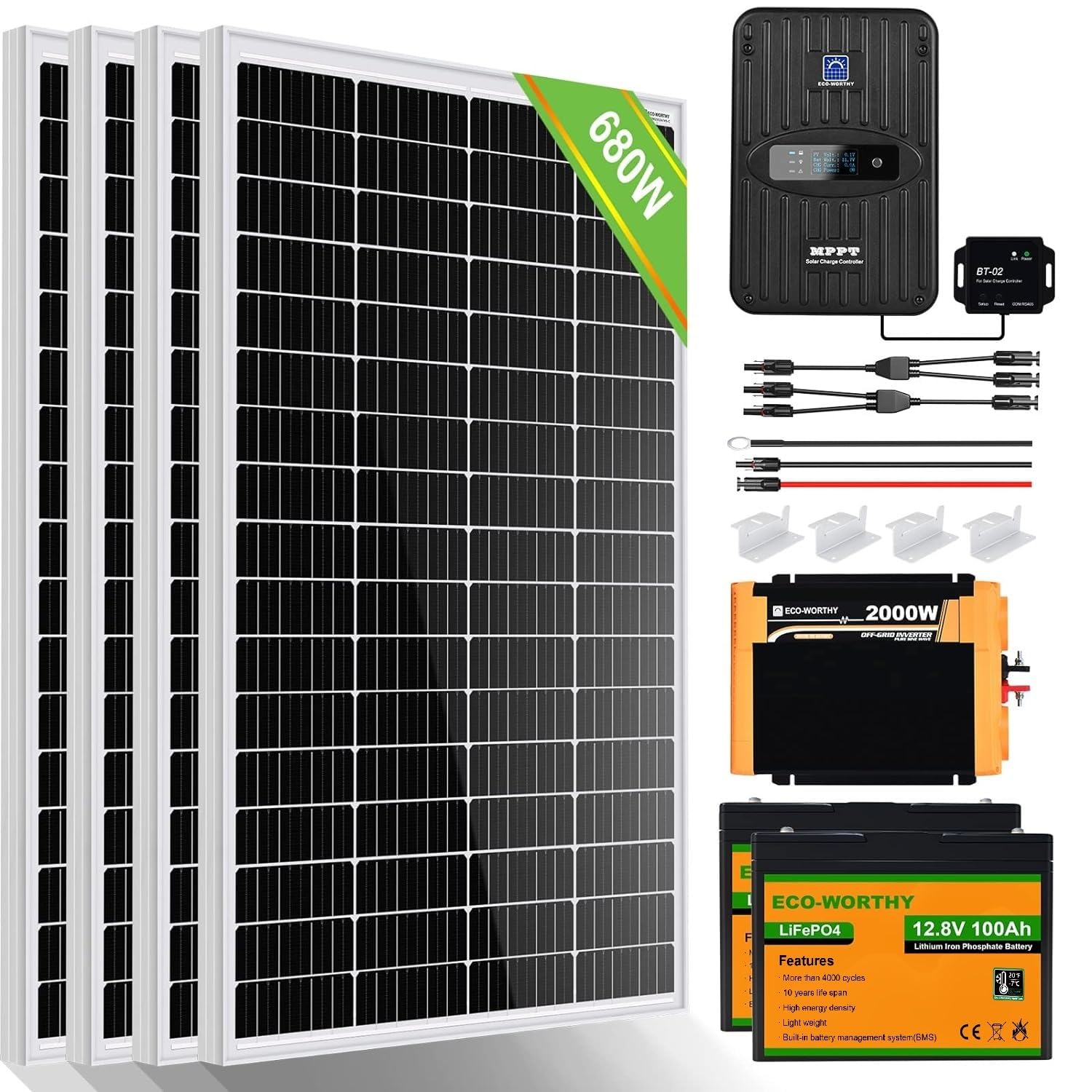 ECO-WORTHY 3 kW·h Solarsystem 720W 12V mit Wechselrichter und Batterie netzunabhängig für Wohnmobil: 6 Stücke 120W Solarmodul + 60A Laderegler + 2 Stücke 100Ah Lithiumbatterie + 2000W Wechselrichter