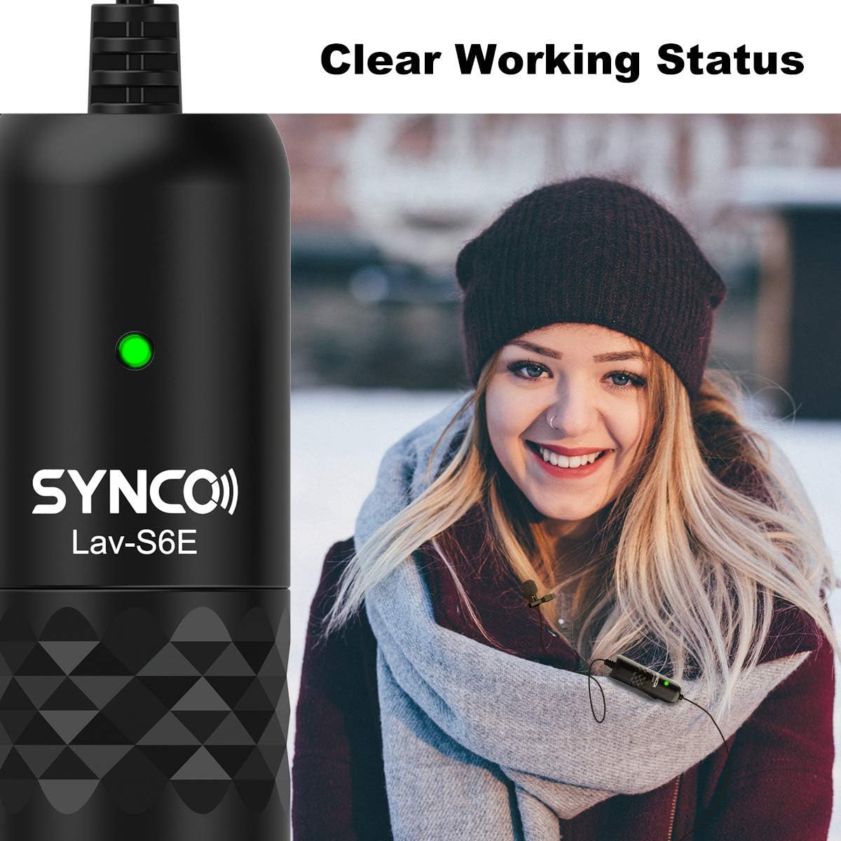 SYNCO Lav-S6E microphone with a green indicator light, worn by a person.