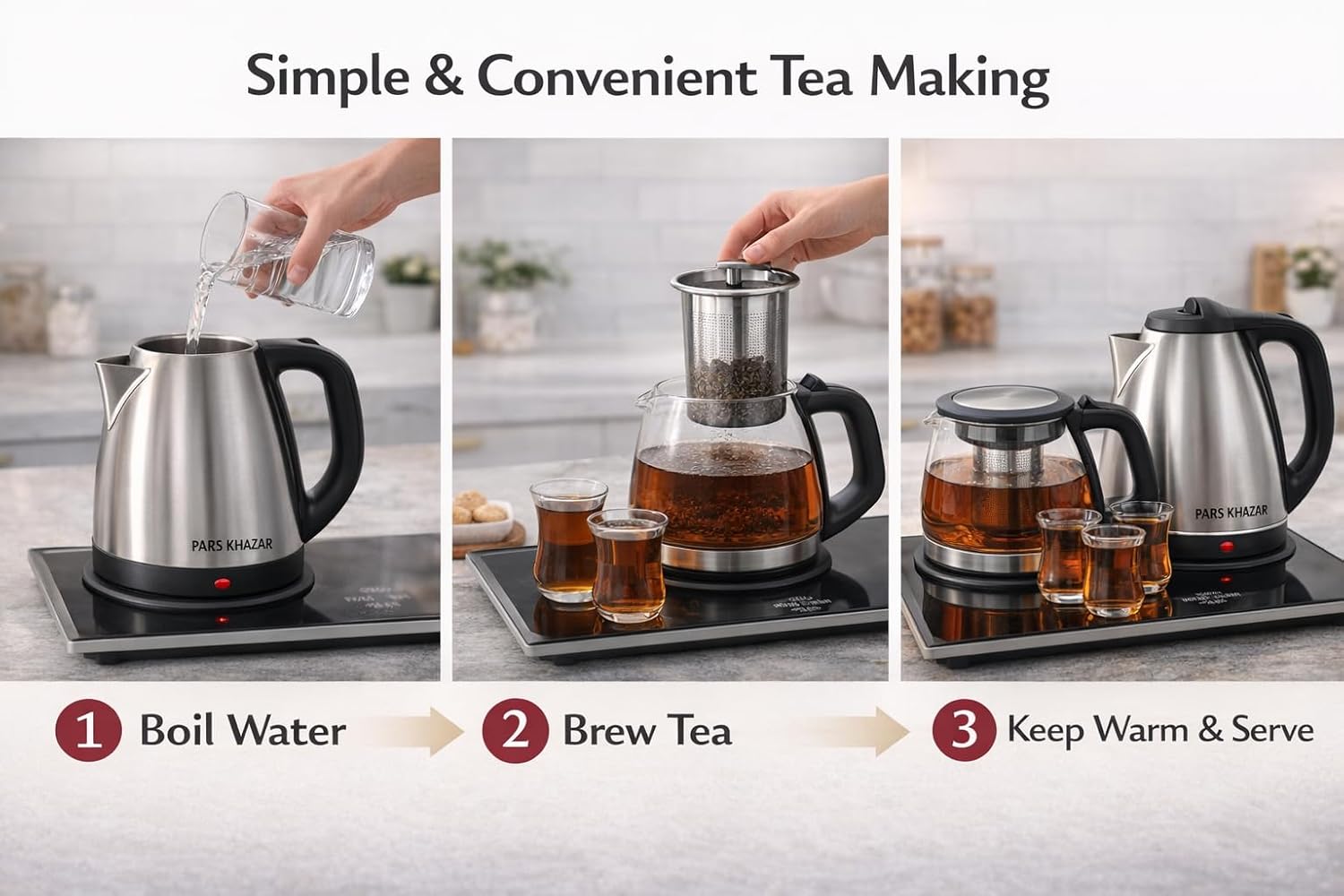 B Unique Pars Khazar Electric Tea Maker Set, 1.7L Stainless Steel Kettle and 1.5L Glass Teapot, Samovar Style Tea Maker with Keep Warm Tray, Removable Infuser, Cordless Base
