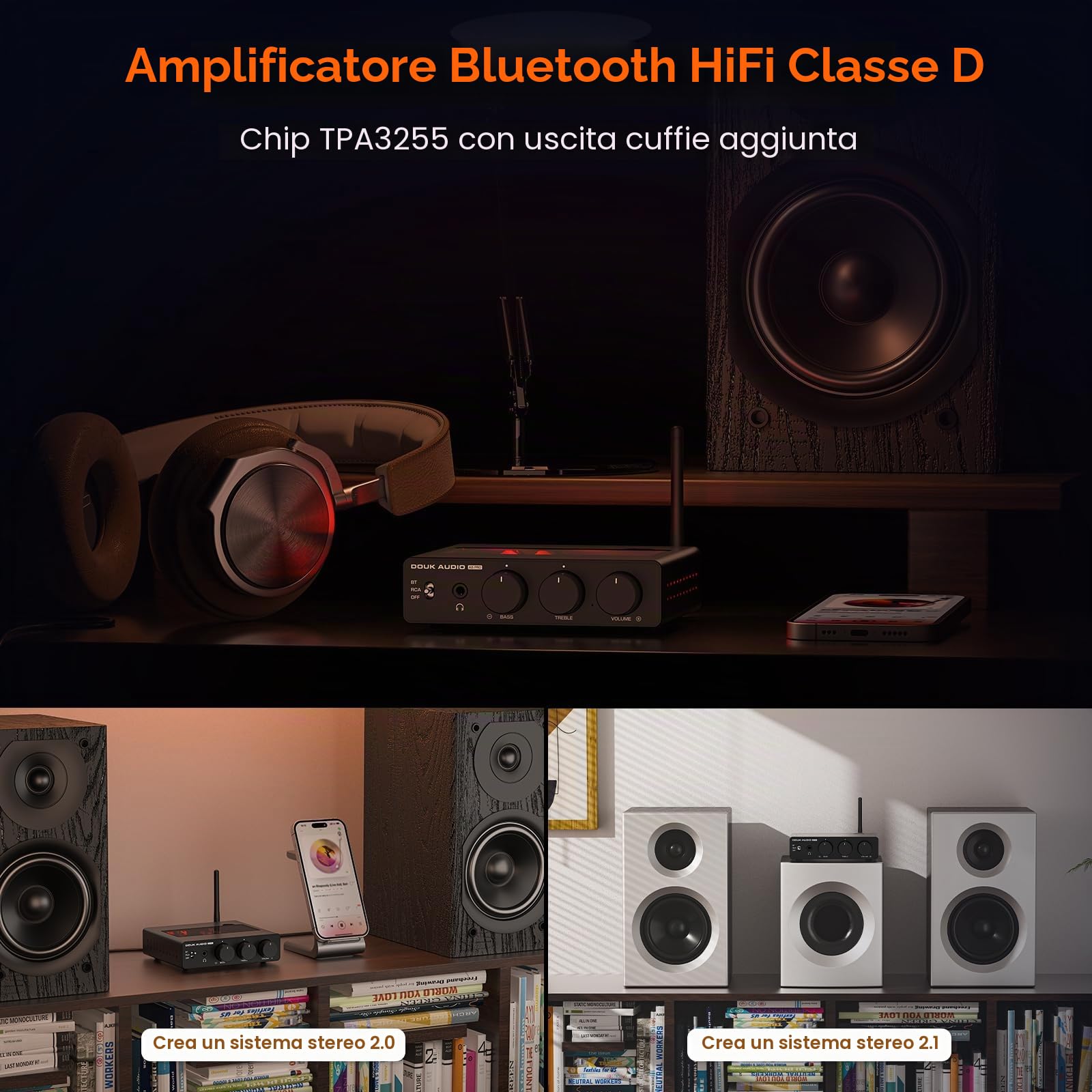 DoukAudio A5PRO - Amplificatore stereo HiFi con TPA3255, 300 W × 2, classe D PFFB, uscita cuffie per home theater, desktop, altoparlanti da scaffale (versione 48 V)