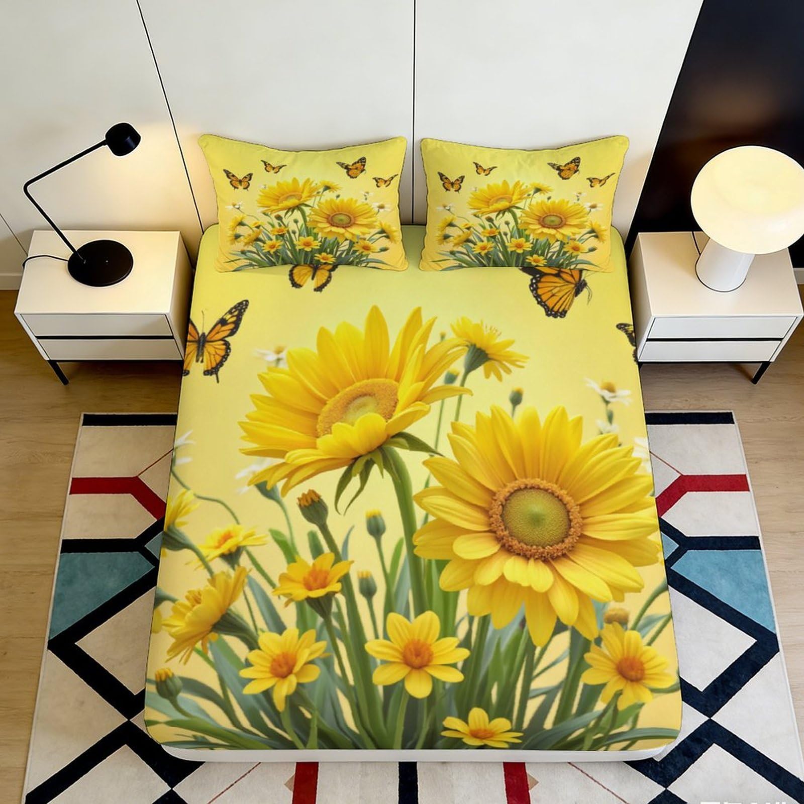 3D Printed Sunflower Butterfly Fitted Sheet Microfiber Soft Vibrant Yellow Floral Bed Cover for Bedroom Dorm Mattress Protection Decor 90x200x25cm