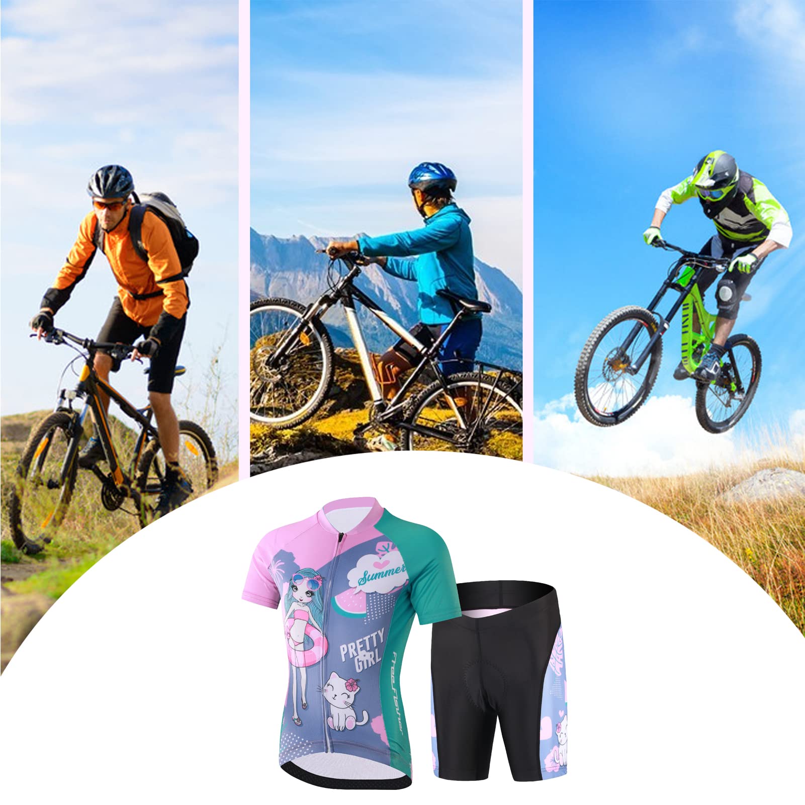 Maillot de ciclismo para niños y niñas, con acolchado para el asiento, manga corta, trajes de ciclismo