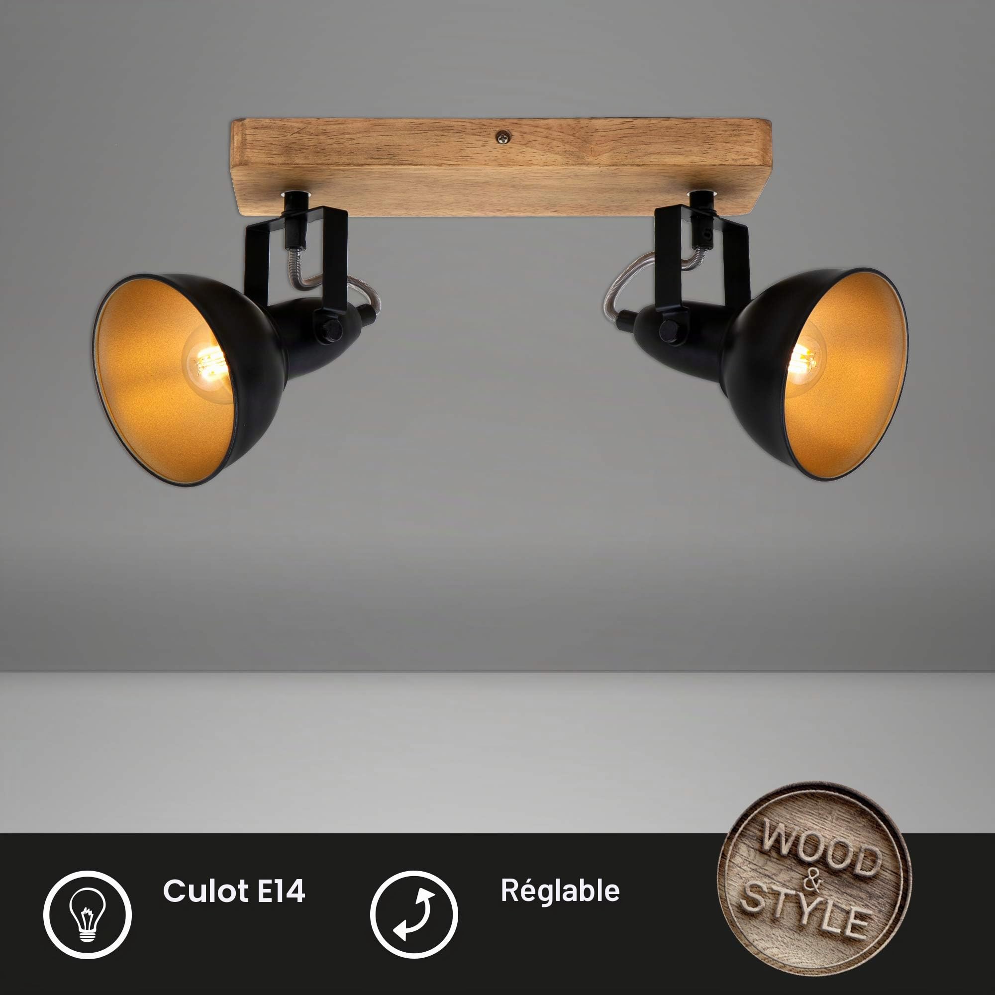 Briloner Leuchten - Luminaire à spots, spot plafonnier rétro, éclairage plafonnier vintage, spots pivotants et orientables, 2x E14, maximum 25 Watt, métal et bois, noir et doré, 280x110x157mm (LxlxH)