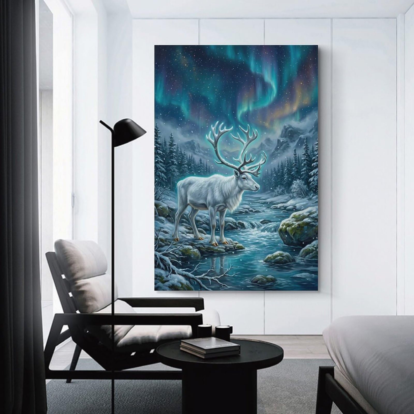 Junmoney Canvas Art Print Reindeer Under Aurora Borealis, 12x18inch(30x45cm), for Feature Walls in Flats Or Modern Rooms, Wall Decor Suited to Curated Displays