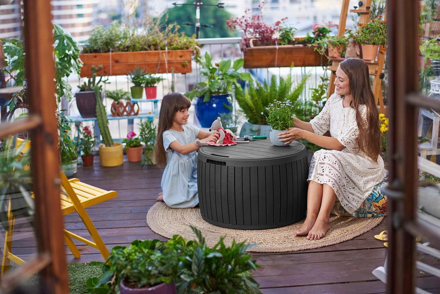 Keter Circa 37 Gallon Wood Panel Style Round Outdoor Deck Box and Storage Table, Grey