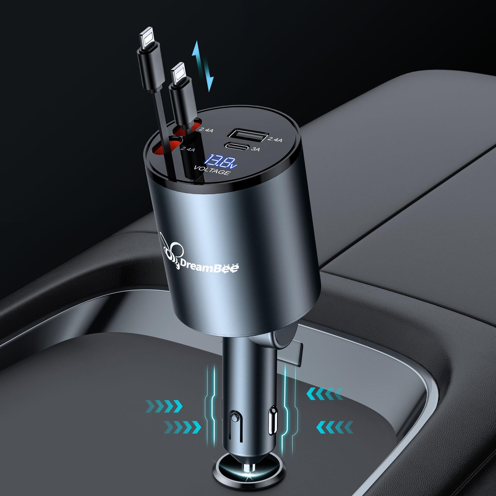 Retractable Car Charger,68W Super Fast USB Car Phone Charger,Dual iPhone Retractable Cables (31.5 inch) and 2 USB Ports Car Charger Adapter for Samsung Galaxy S23+/S23/ S22 iPhone 15/14,iPad