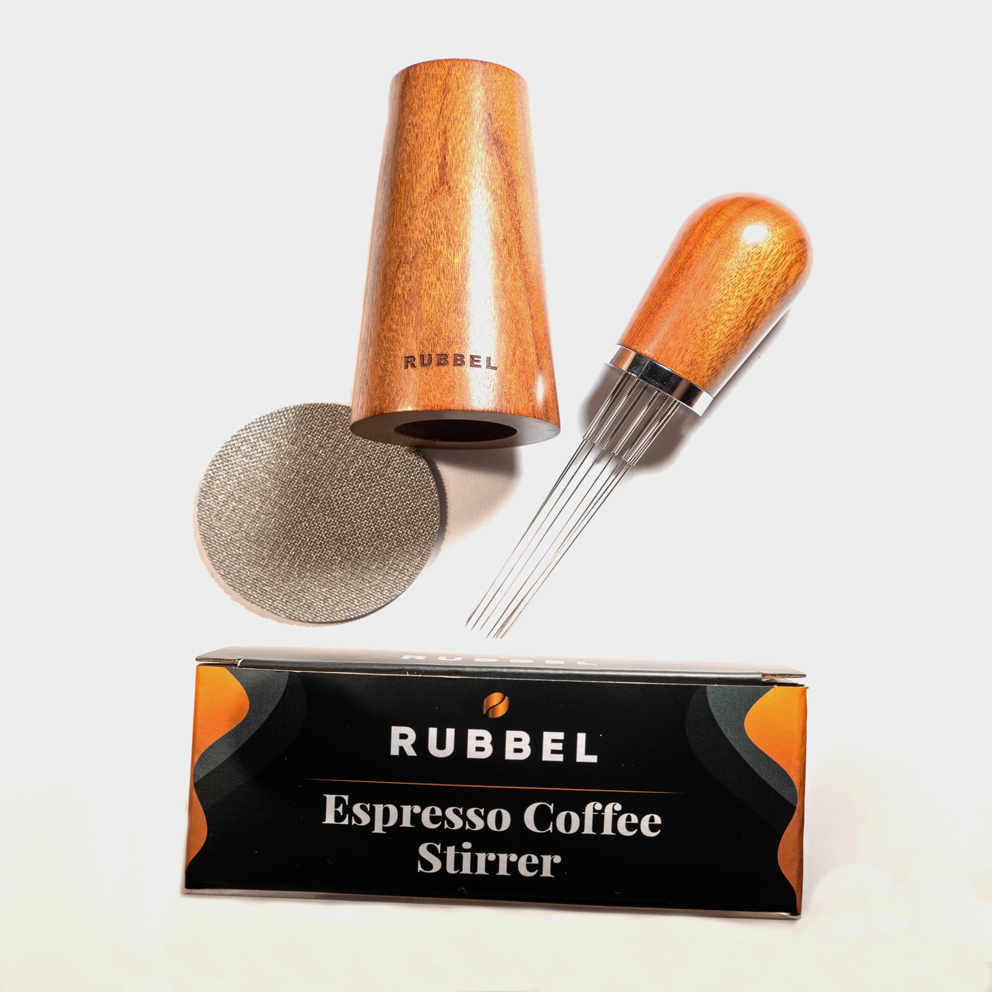 WDT Tool Espresso - Espresso Coffee Stirrer Professional - Stainless Steel 8 Needles 0.35mm - Natural Wood Handle Needle Type - Stand Walnut Stirring Distribution