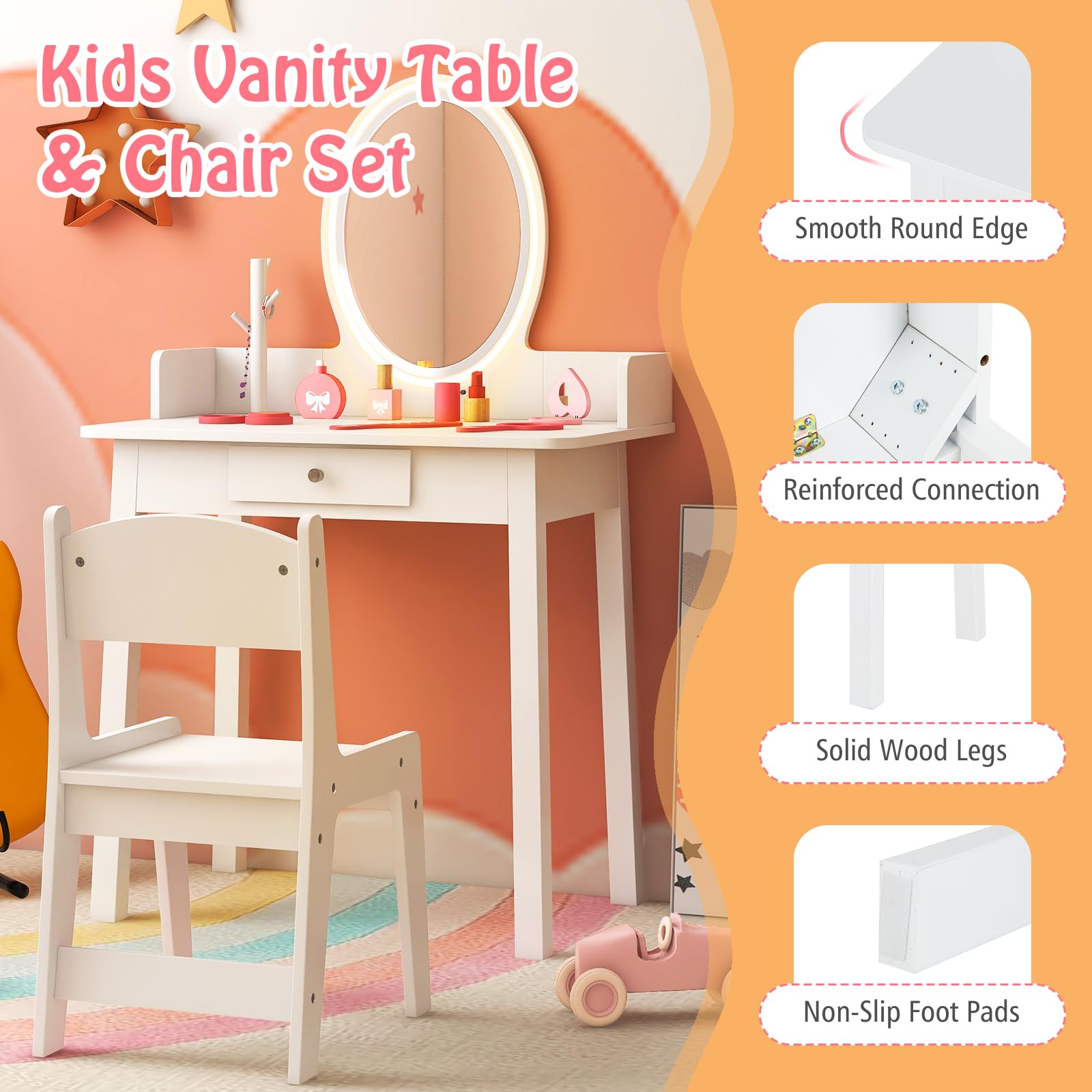 LIFEZEAL Toeletta per Bambini con Sedia e Specchio LED a 2 Colori, Tavolo da Trucco per Ragazze con Cassetto e Organizer a Forma di Albero, Set da Scrivania per Bambini dai 3 a 8 Anni