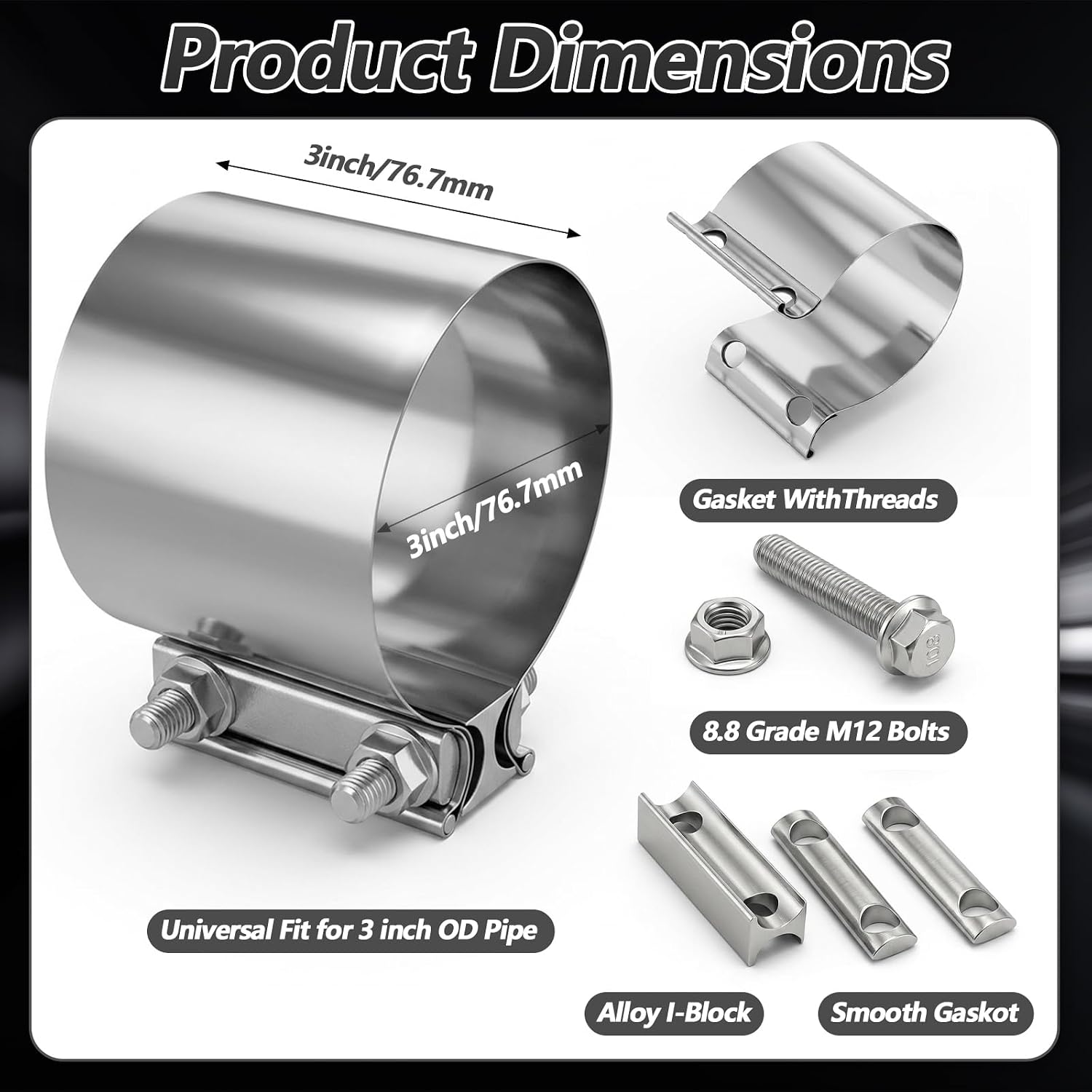 4-Pack 3 Inch Exhaust Clamp, Stainless Steel Muffler Pipe Butt Joint Band Sleeve Coupler for Automotive Repair, Truck, and Vehicle Exhaust System Connections