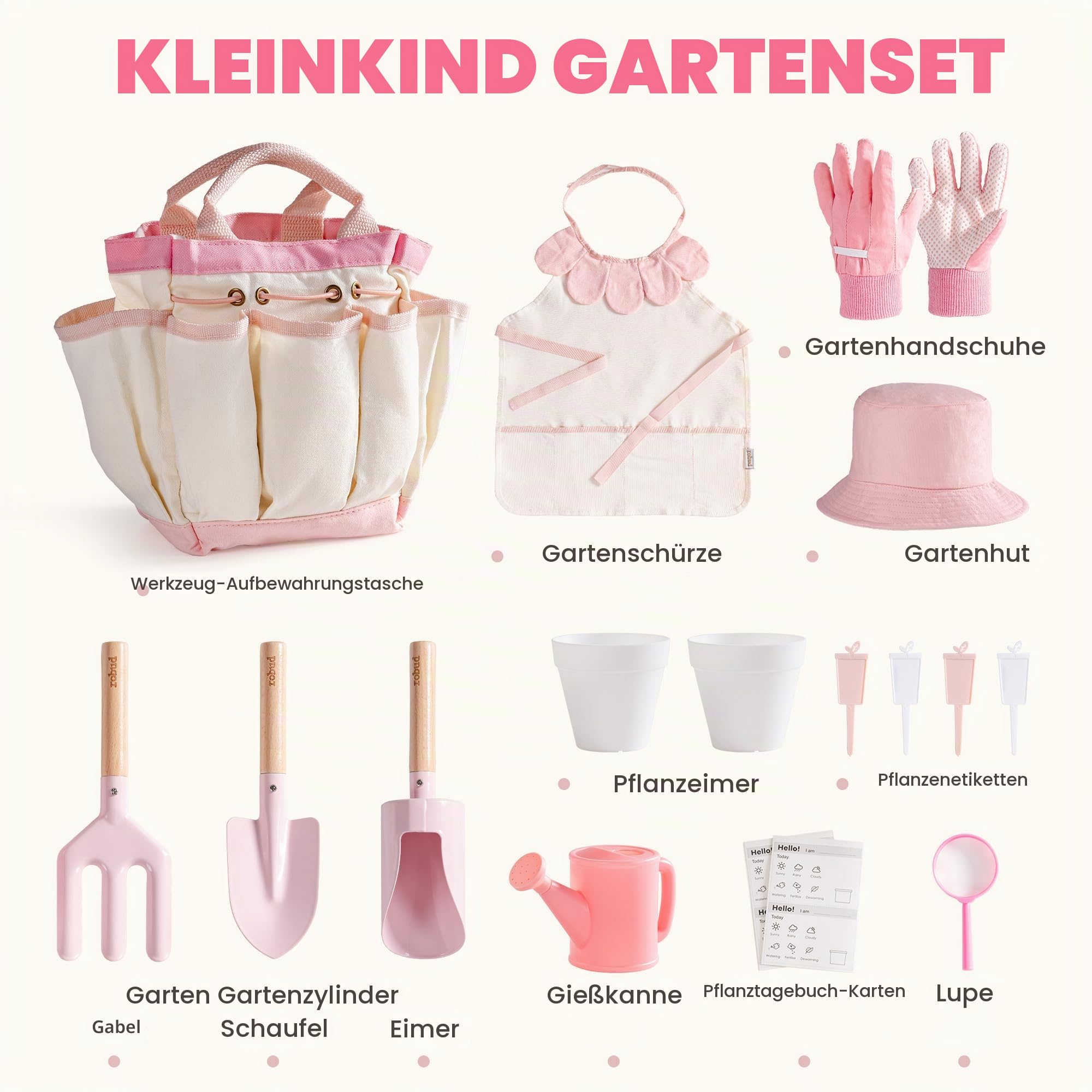 ROBUD Kinder-Gartengeräte-Set, 18 PCS Gartengeräte-Set für Kinder mit Gießkanne, Gartengabel und Schaufel, Zylinderschaufel, Gartenhandschuhen, Schürze, Outdoor-Spielzeug für Kleinkinder, rosa