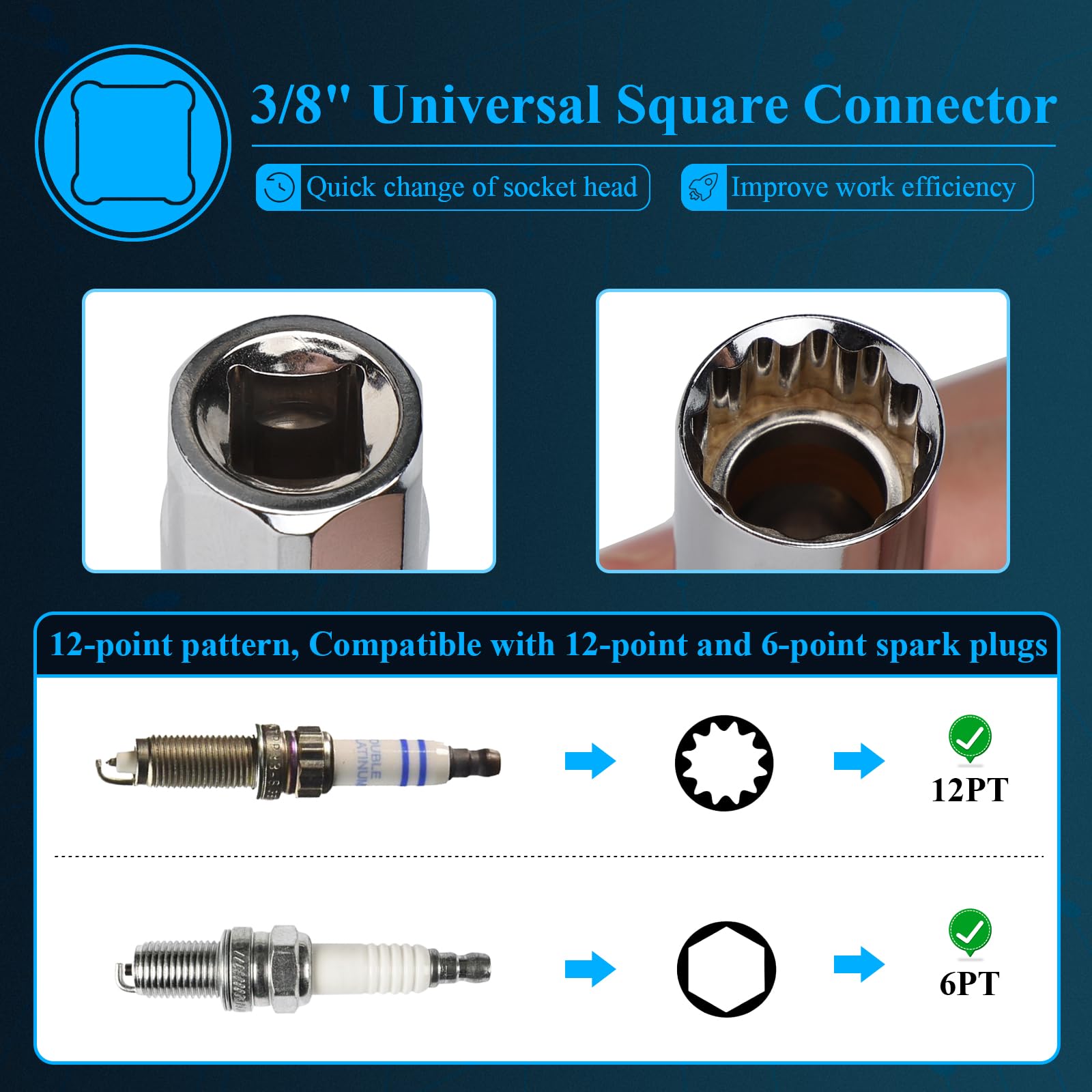 efuturetime Chiave Candela 14/16 mm Magnetica 3/8" a 12 Punti, Presa per Candela con Impugnatura a T Scorrevole Combinabile Flessibili per Auto
