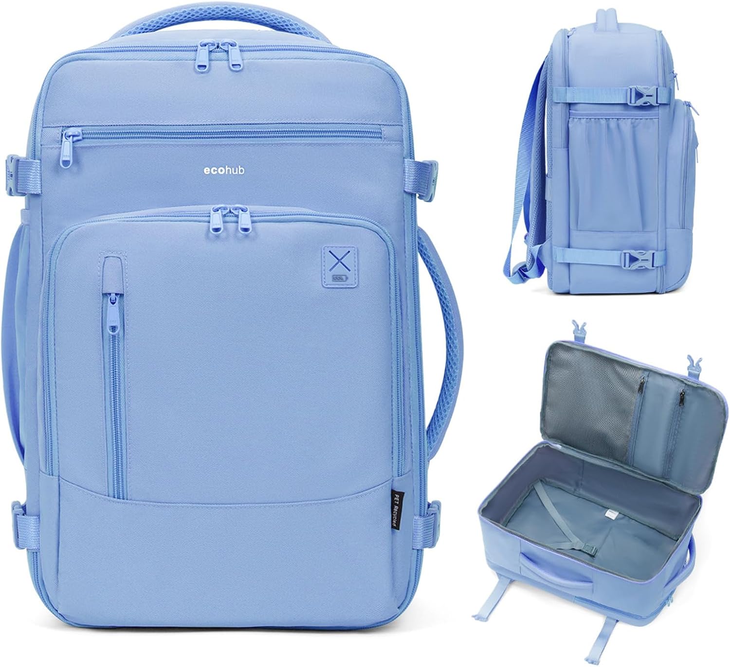 ECOHUB 17" Small Travel Backpack, United Airlines Personal Item Bag 17x10x9 with 16 Pockets, Water Resistant Rucksacks Fit 15.6" Laptop, AirTag Pocket, Lightweight Casual Daypack, 25L, Light Blue