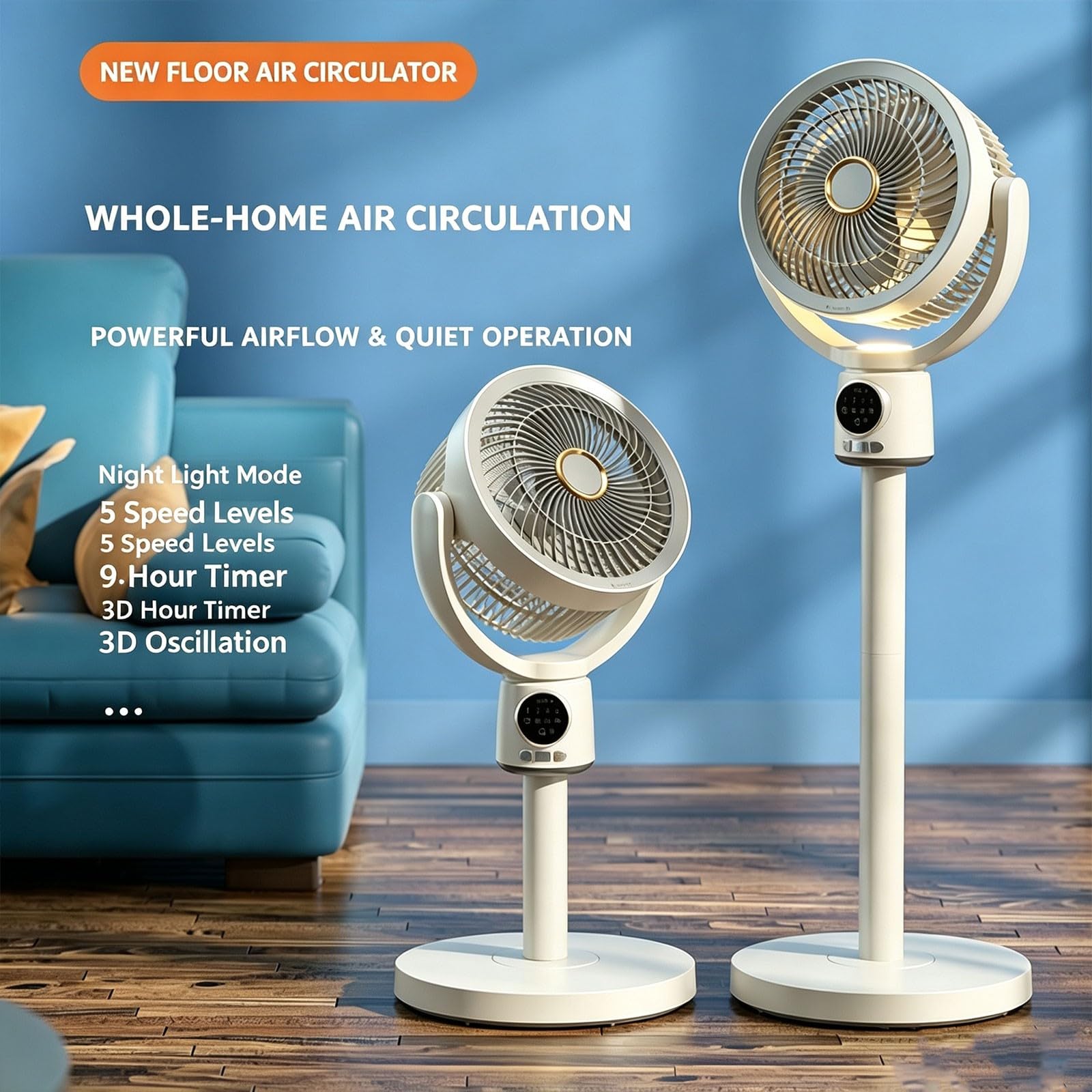 Ventilatore a Piantana Ricaricabile USB-C con Telecomando, 5 Velocità e 4 Altezze Regolabili, Timer, Luce LED Notturna, Circolatore d'Aria 8D Oscillante, Per Camera Da Lettos, Casa, Ufficio, Cucina