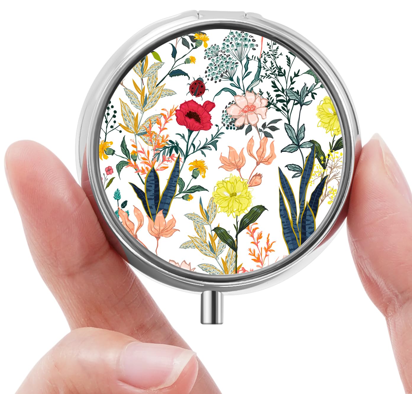 Mini Pill Box, Small Pill Box, Portable Pill Box, Cute Pill Organizer for Vitamins, Medications, Fish Oil and Supplements (White Flowers)