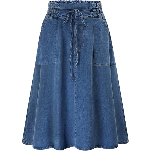 KANCY KOLE Women Casual Denim Skirts Frill Tie Waist A-Line Midi Jean Skirt with Pockets S-XXL