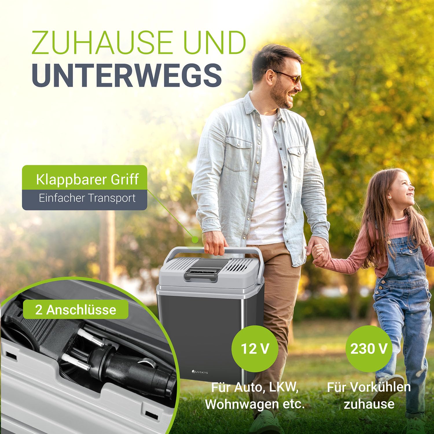 Juskys Nordpol Kühlbox elektrisch 24 L | Kühlt & wärmt | Kühlbox für Auto, Camping & Steckdose | 12V & 230V Anschluss | thermoelektrischer Mini Kühlschrank | ECO-Modus 48 dB & nur 3,6 kg leicht