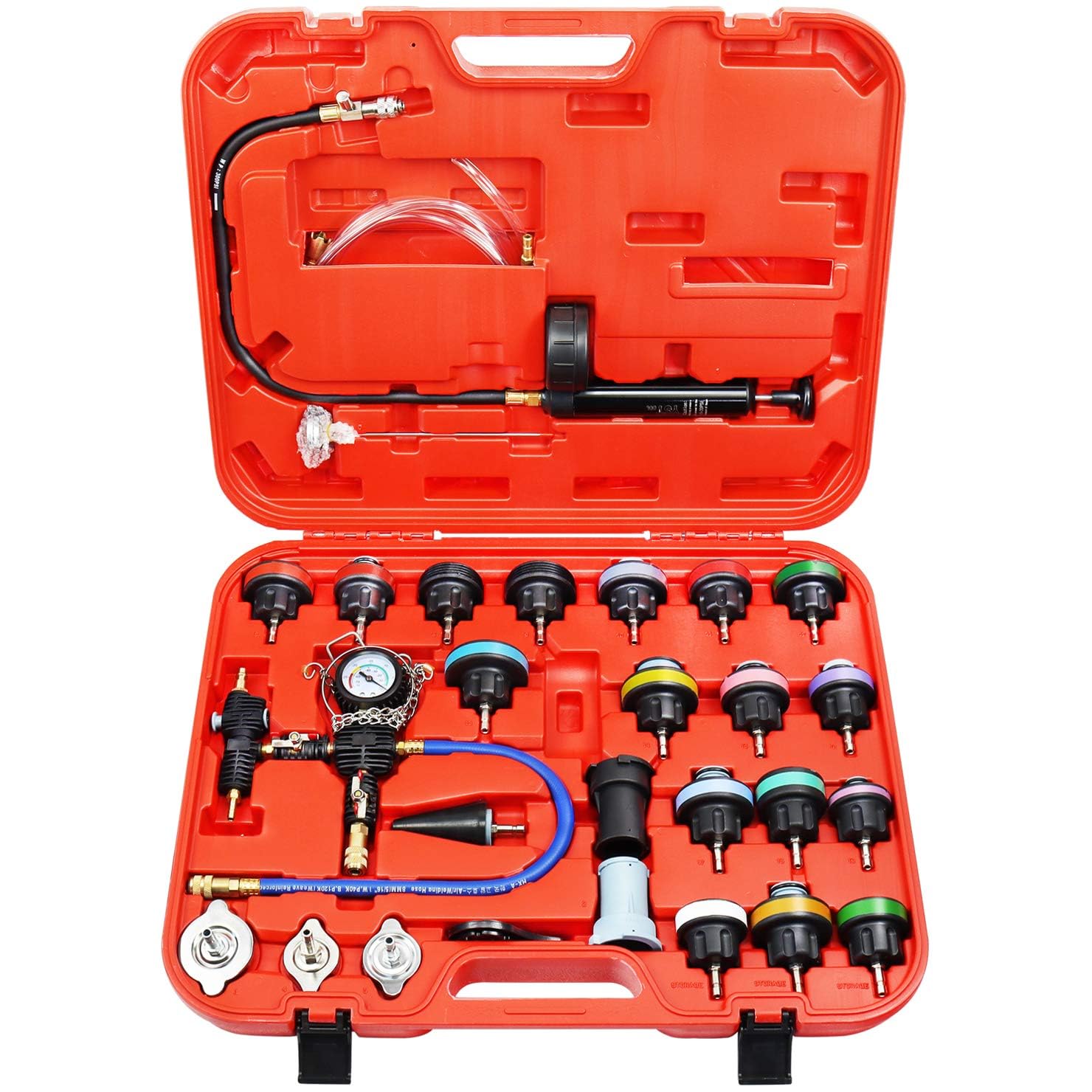 Hetkrishi Radiator Pressure Tester Coolant Vacuum Refill Kit 28PCS Automotive Cooling System Leak Test Pneumatic Water Tank Purge Fill Tool Set with Gauge Adapter Cap Universal for Auto Car Airlift-image-17