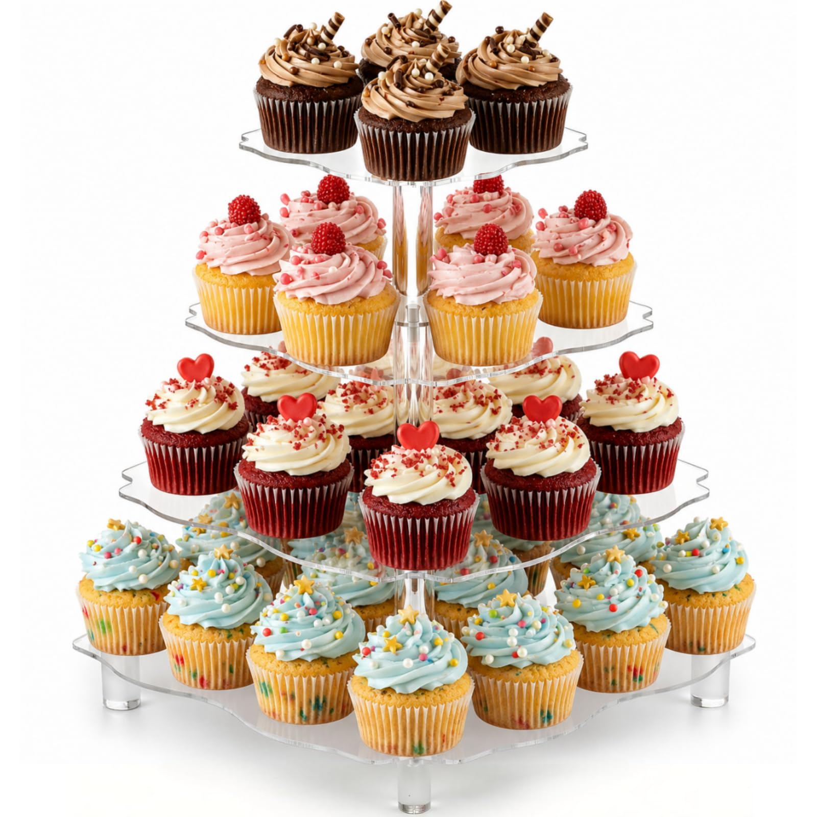 Goaste 4 Tier Acrylic Cupcake Tower Stand for 52 Cupcakes, 12 Inch Square Tower Cupcake Display Holder, Clear Dessert Pastry Tower with Rod Feet, Display for Wedding, Birthday Party, Baby Shower