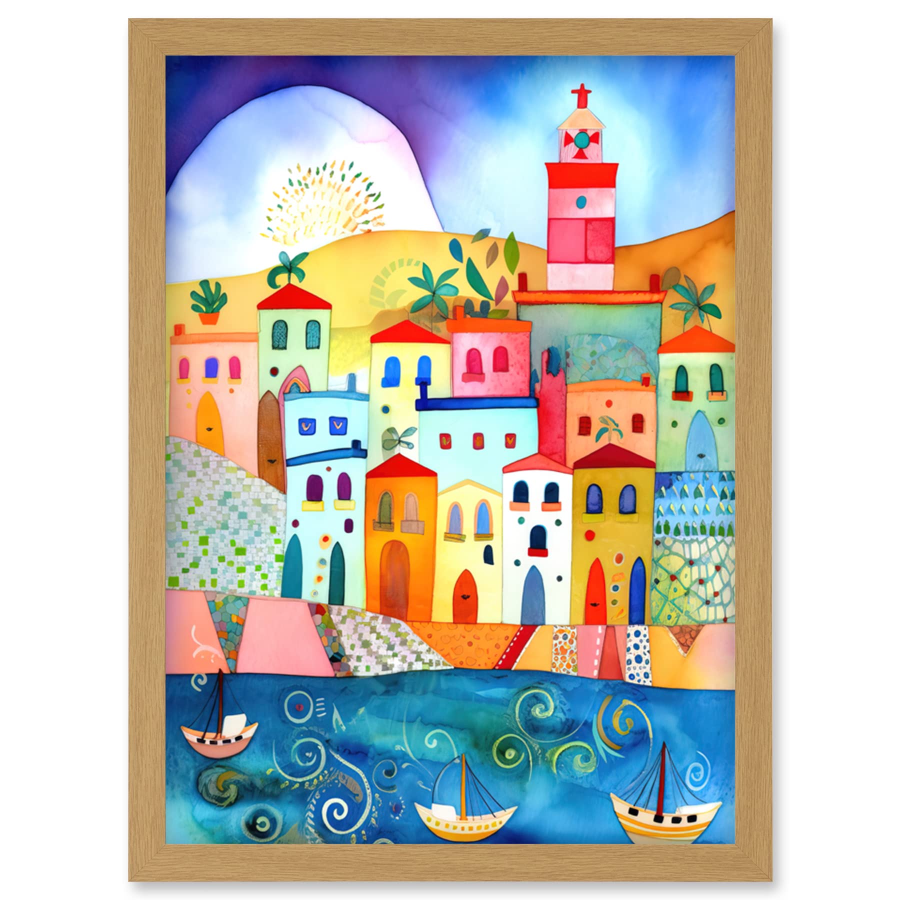 Artery8 Tunisia Seaside Town Folk Art Artwork Framed Wall Art Print A4