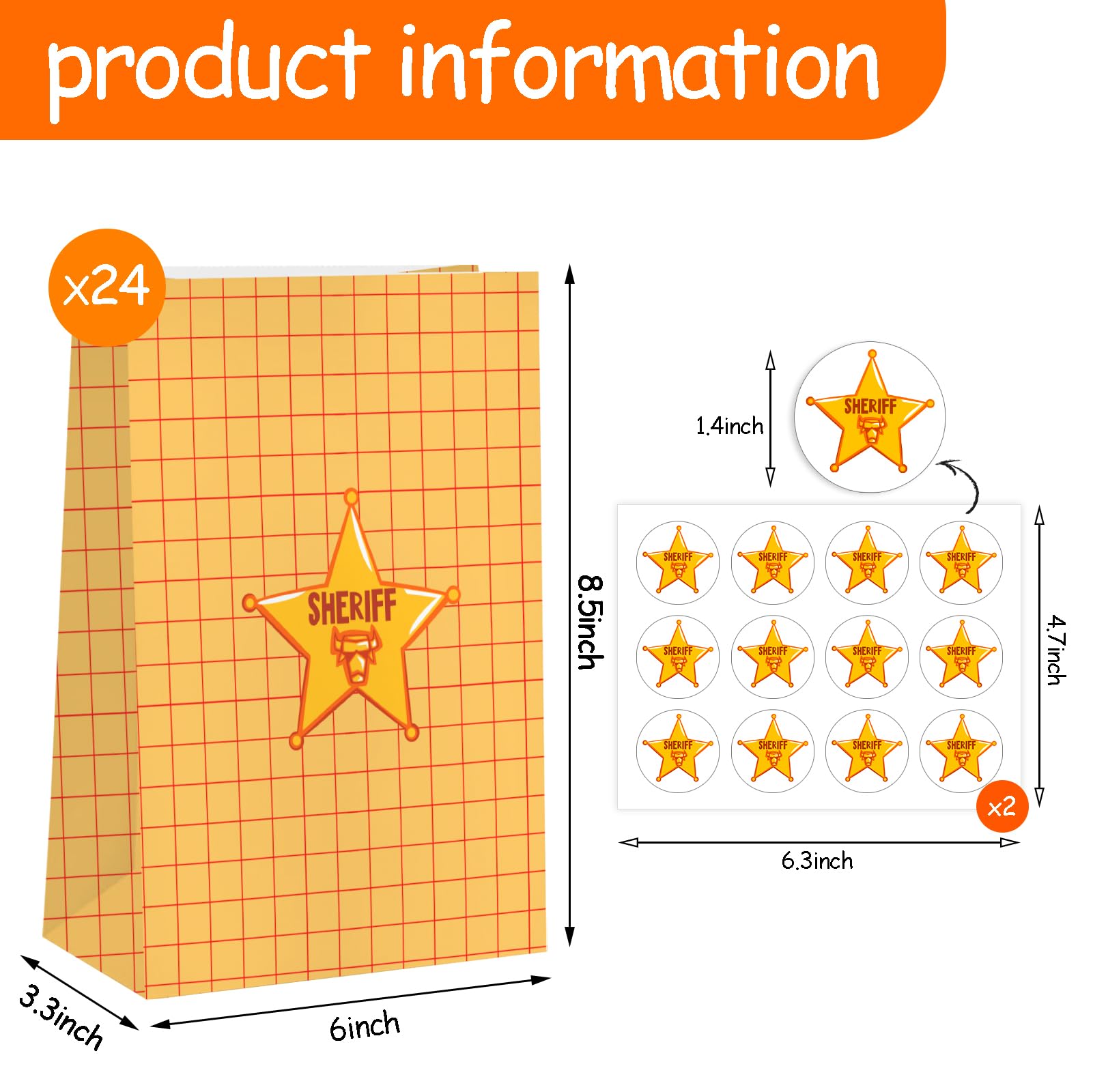 Cowboy Party Gift Bags - 24pcs Cartoon Story Goodie Bag for Birthday Party Decorations, Paper Lunch Bags for Baby Shower Bread Cookie Snack Thank You Gift Wrapping Bag (6 × 3.14 × 8.3 inch)