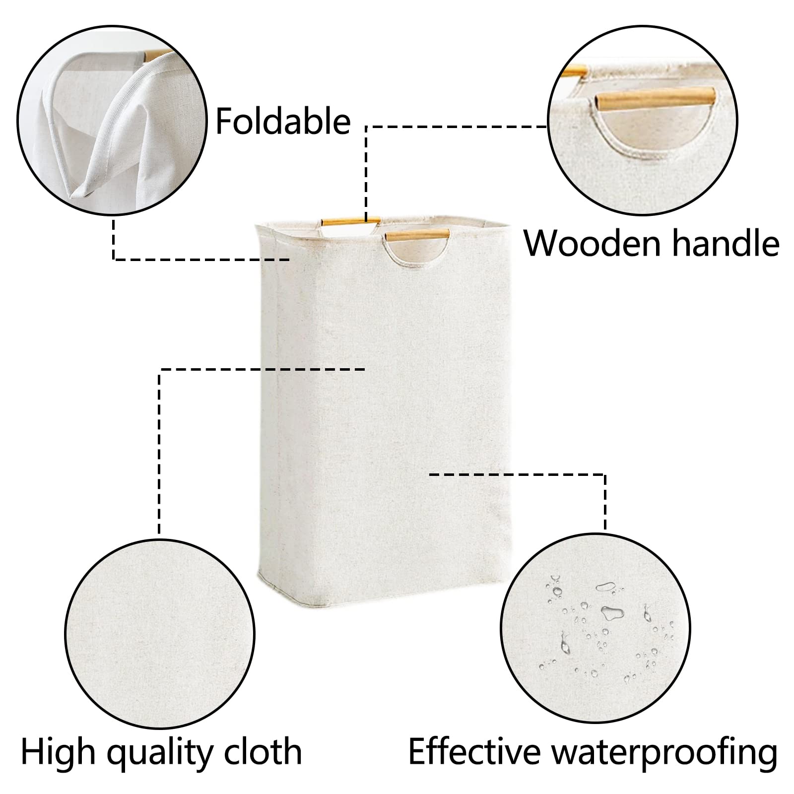 Fousenuk Cesto Ropa Plegable Blanco Gran 39×53×27 cm, Cesto Ropa Sucia Portátil con Mango de Madera, Cesta Ropa Sucia Puede Usar Dormitorios, Salas Estar, Habitaciones Niños, Baños, Viajes