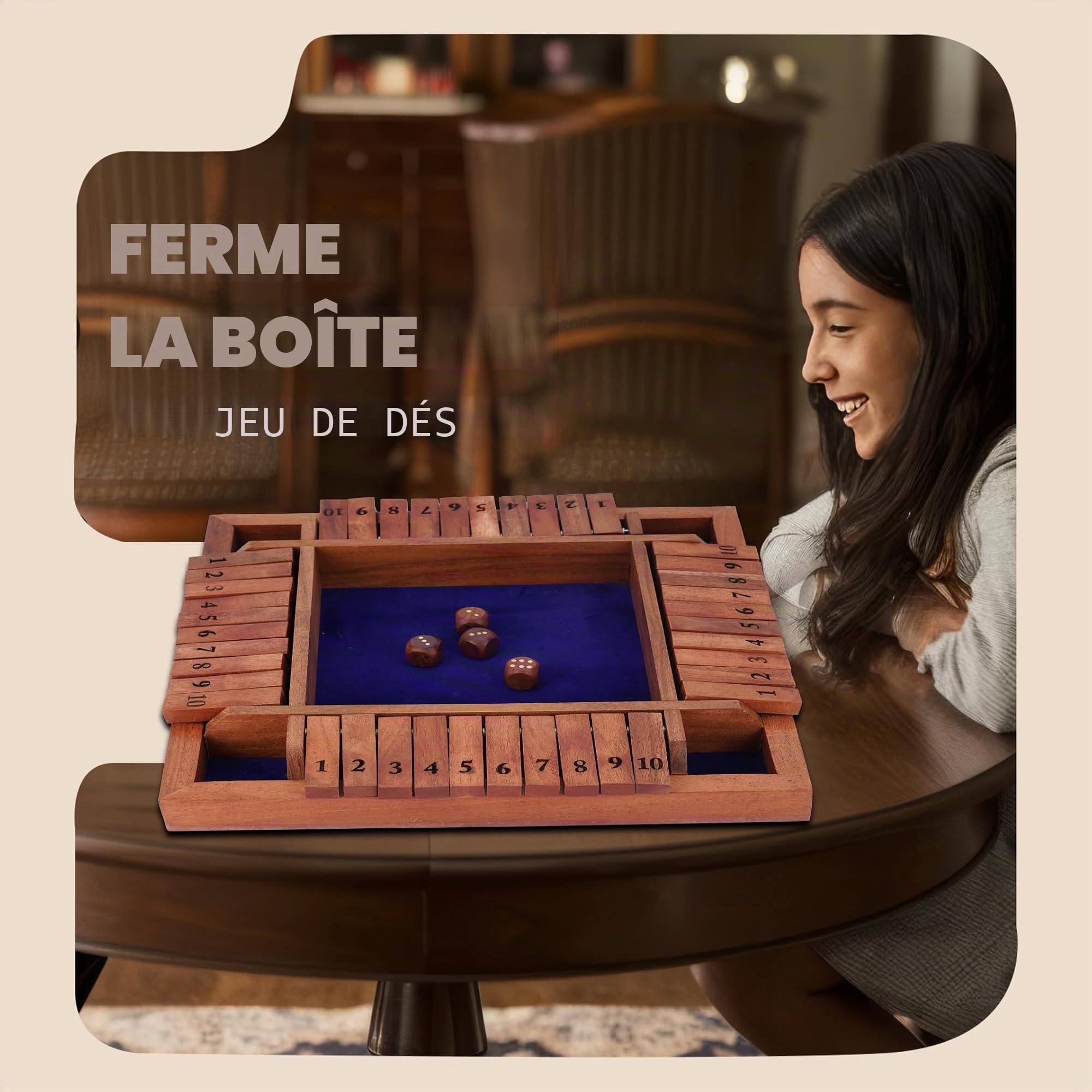 Ajuny Jeu de Société en Bois Shut The Box – 10 Tuiles Numérotées Plateau Naturel Massif pour Enfants et Adultes Jeux de Société Dés Bar – 12 Pouces