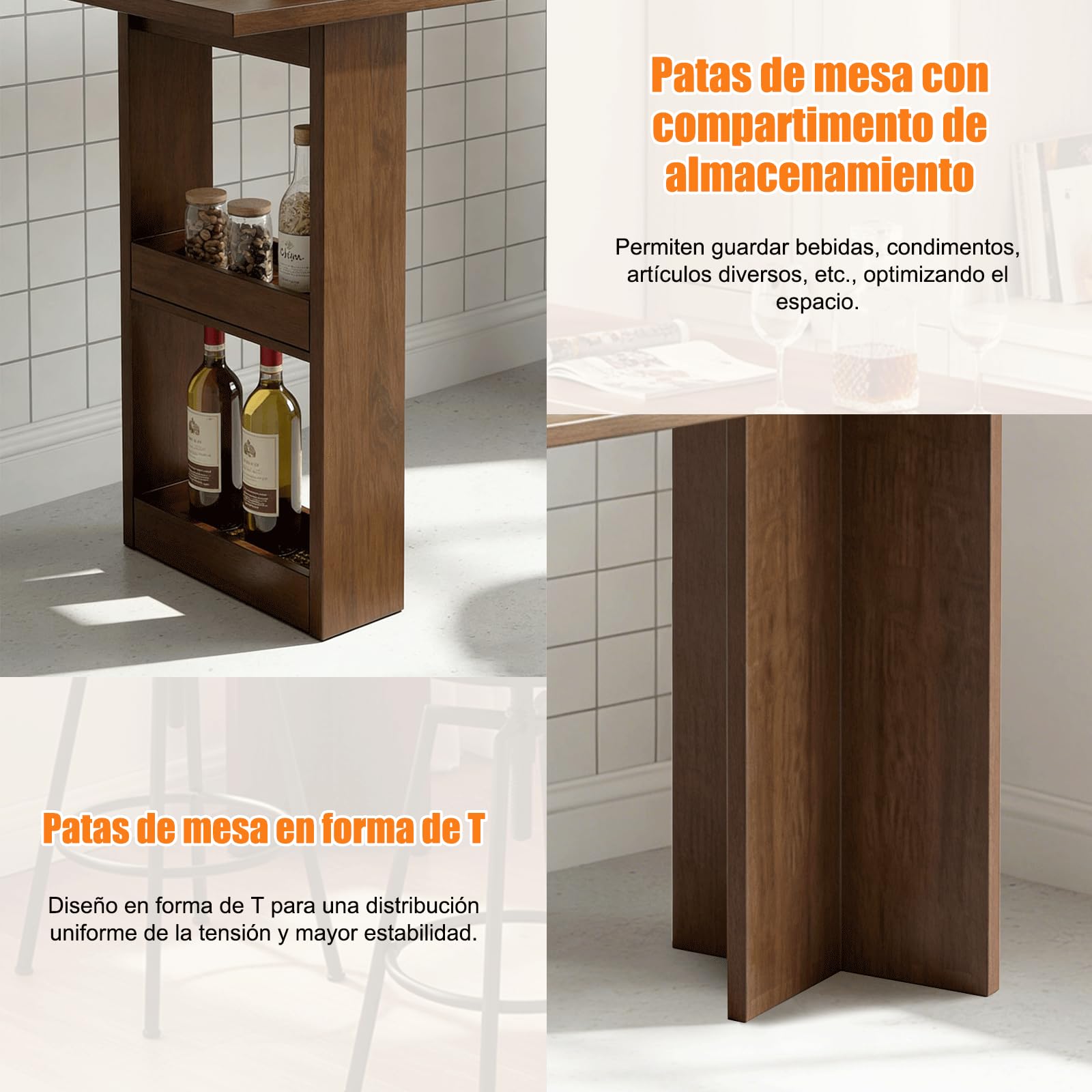 Mesa Bar de Madera Maciza con Almacenaje, Mesa Alta Cocina, Mesa Estrecha y Larga, Altura de Barra, Tablero Grueso 2,5 cm, para Cocina, Salón,Bares, etc.