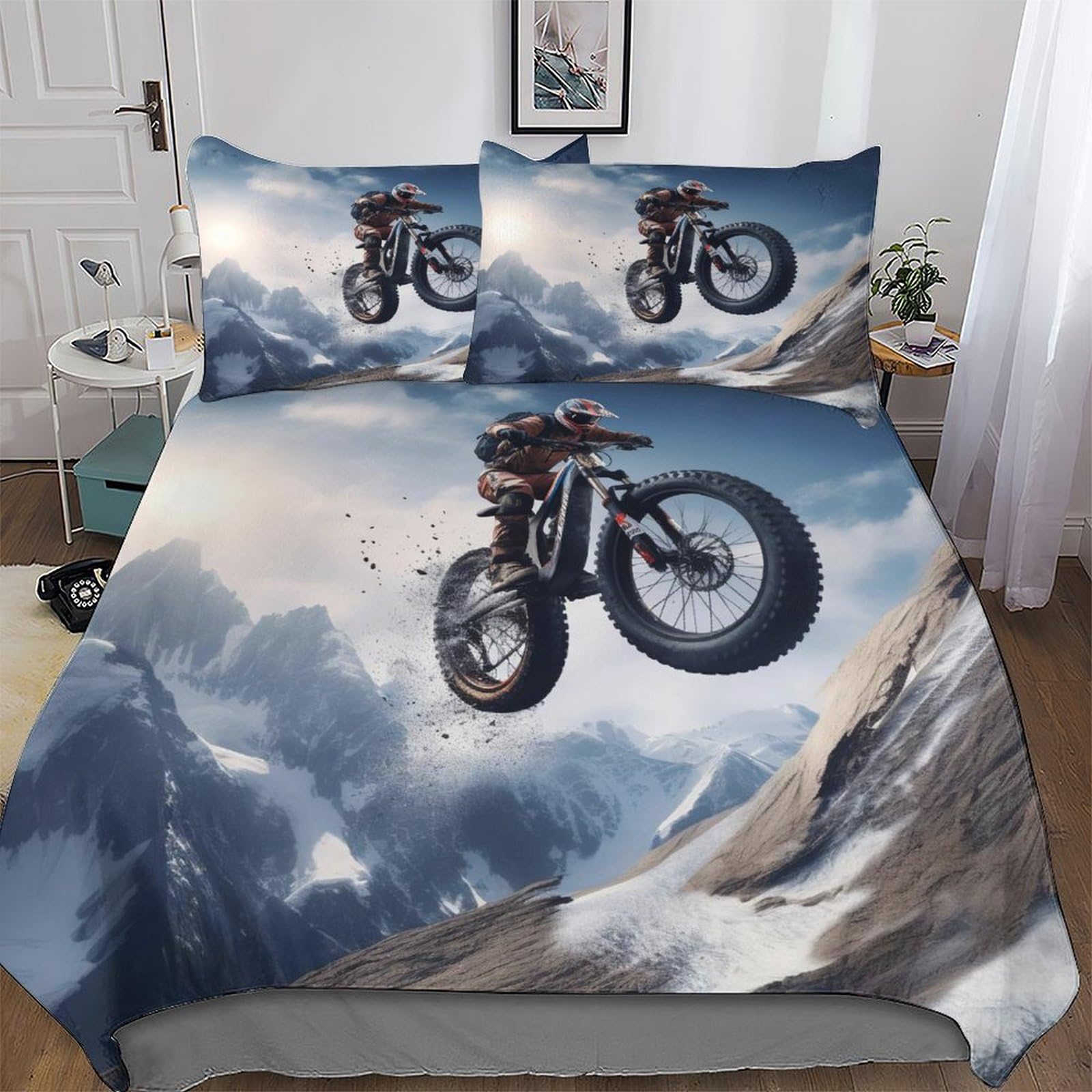 Pazzk Mountain Bike-17 Mountain Bike Bedding Set Duvet Cover 3 Pcs With Pillowcases Ultra Soft Anti Allergic Quilt Cover Microfiber Comforter Cover Suitable For Children, Teens, Adults Double (200X200cm)