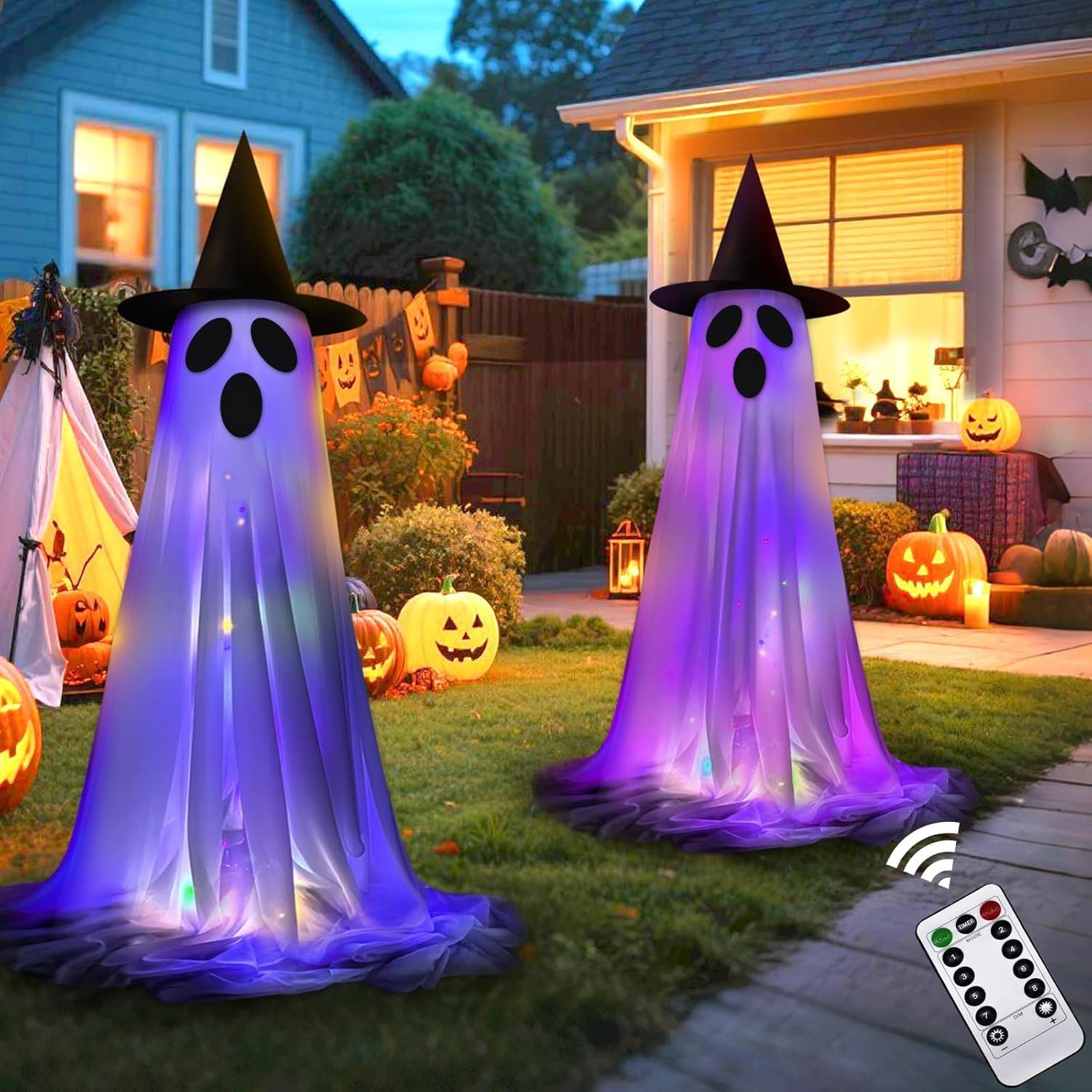 halatool 2pack light up ghost kit for halloween decorations indoor outdoor 55in lighted ghost decor with led string lights, spooky ghosts with remote control & timer for yard home outside porch decor