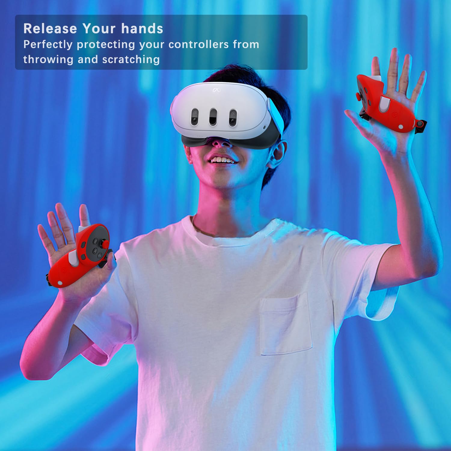 Ulepszona osłona uchwytu kontrolera kompatybilna z akcesoriami Meta/Oculus Quest 3, silikonowy ochraniacz na rękę z pokrywą otwierającą baterię i paskami na kostki z gąbką (czerwony)