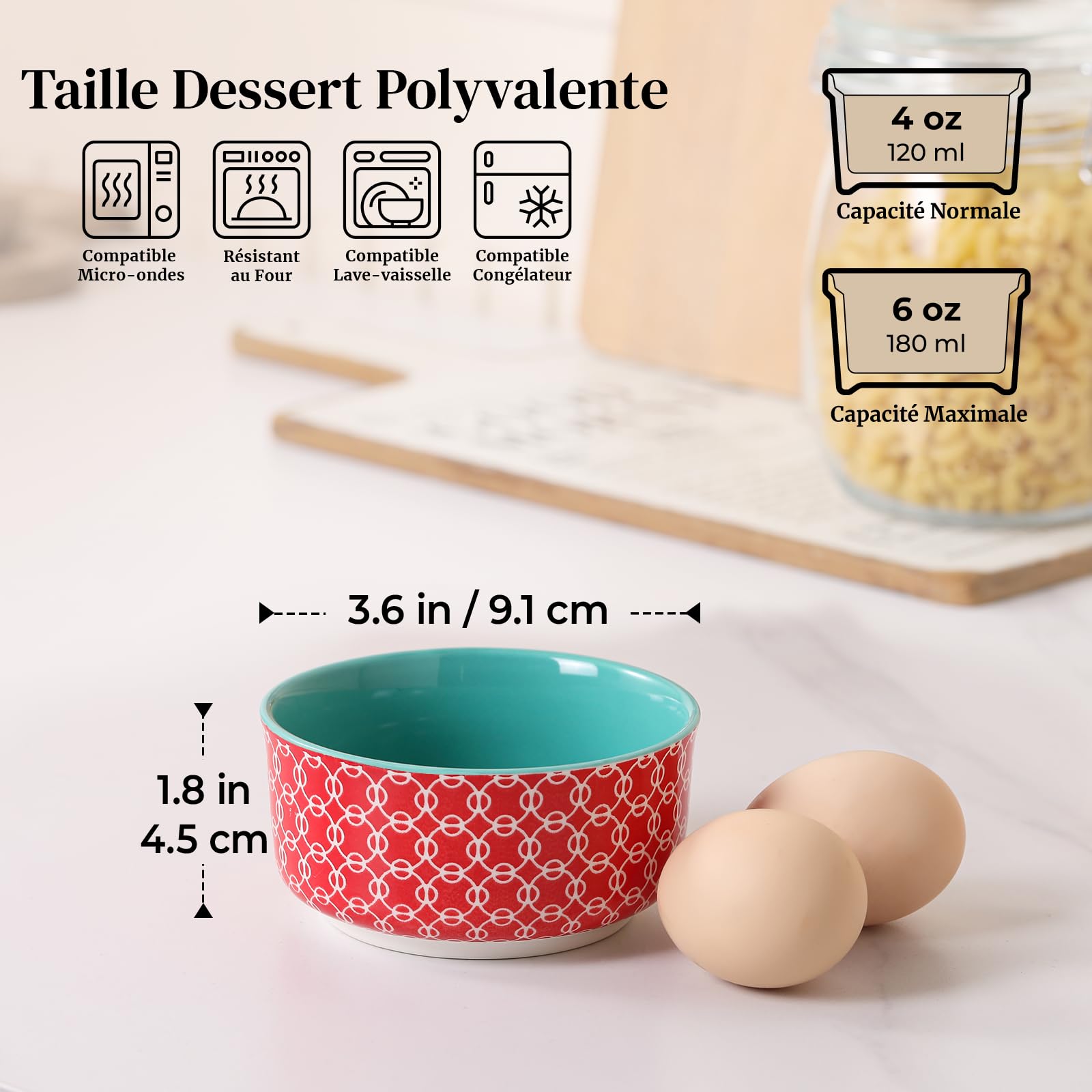 DOWAN Lot de 6 ramequins à crème brûlée - En porcelaine - 120 ml - Passe au four à soufflé - Passe au four, au micro-ondes et au lave-vaisselle - Diamètre : 9 cm - Multicolore